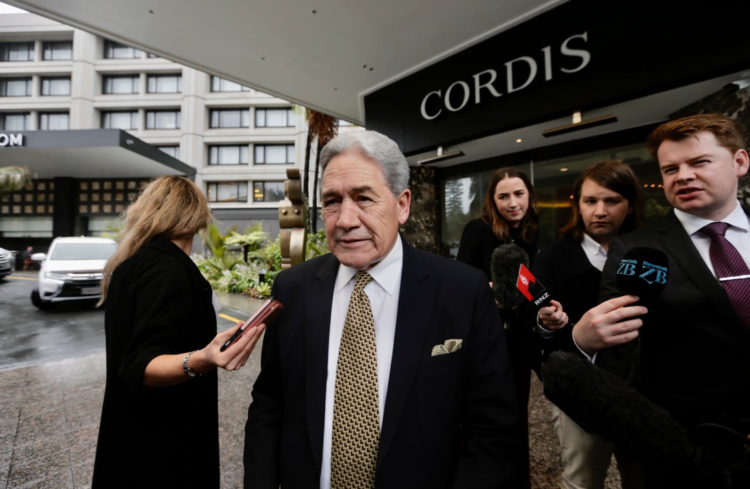 NZ First's Winston Peters following his meeting with Christopher Luxon at the Cordis Hotel during coalition negotiations on Sunday. Photo / Alex Burton