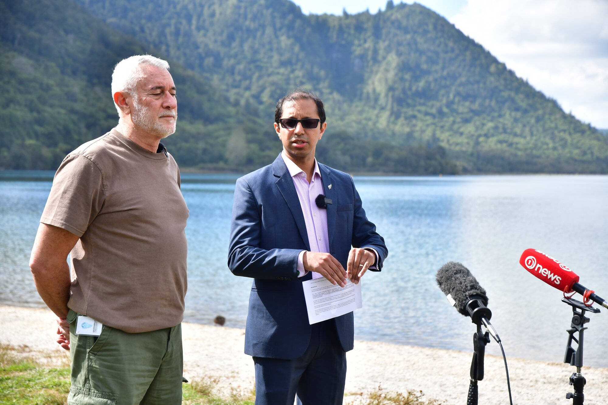  Rotorua Lakes Council infrastructure and assets general manager Stavros Michael and chief executive Andrew Moraes at Blue Lake near Lake Rotokakahi. Photo / Laura Smith