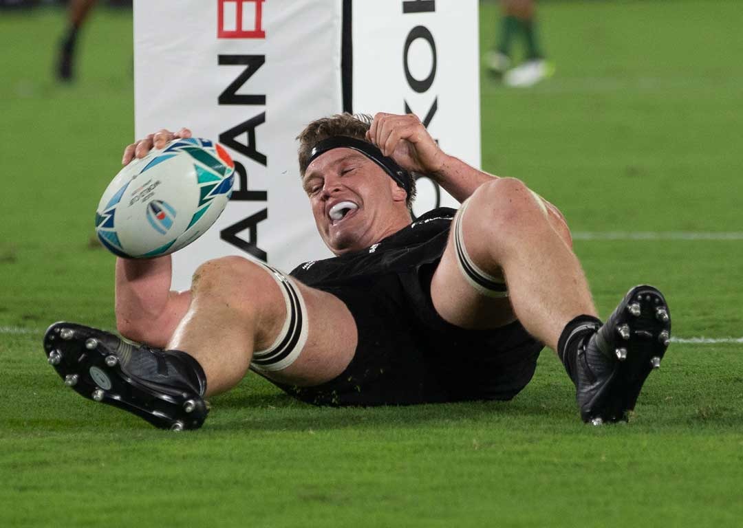 All Blacks lock Scott Barrett celebrates scoring the second try against the Springboks. Photo / Mark Mitchell