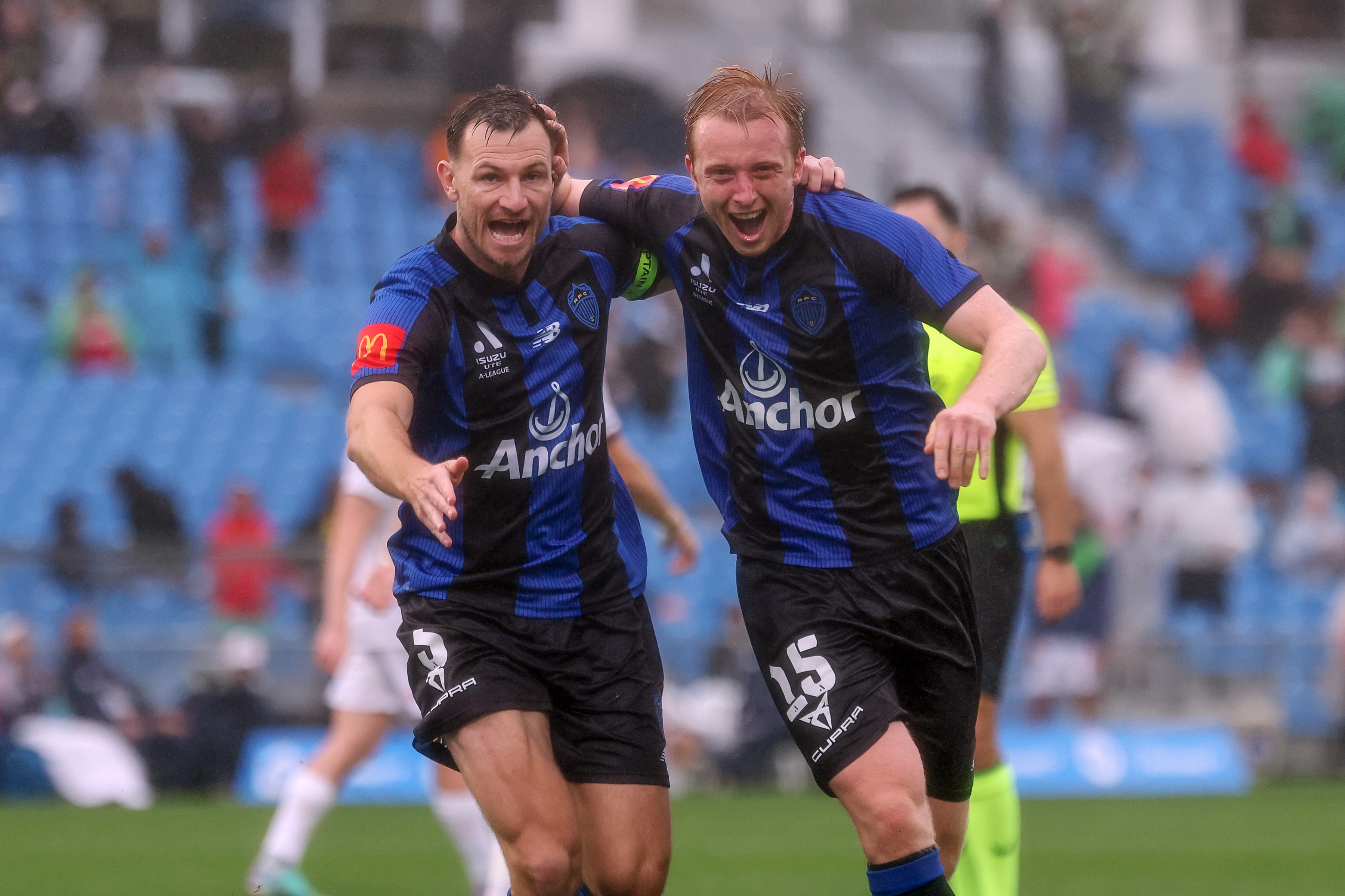 Auckland FC's Francis de Vries celebrates his goal with Tommy Smith in their 2-0 win over the Newcastle Jets. Photo / Shane Wenzlick, Photosport