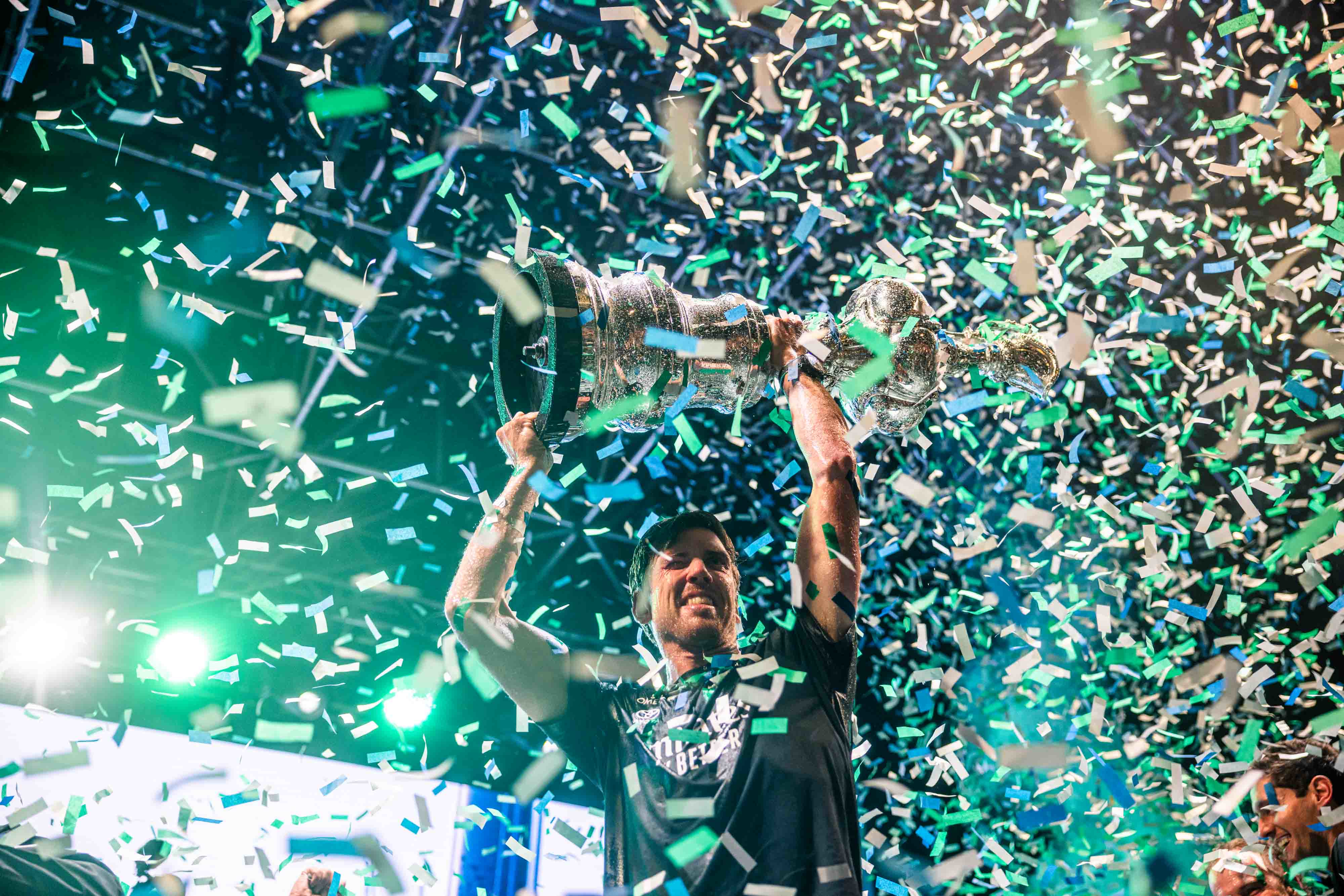 Peter Burling lifts the America's Cup trophy in Barcelona. Photo / Georgia Schofield, Photosport