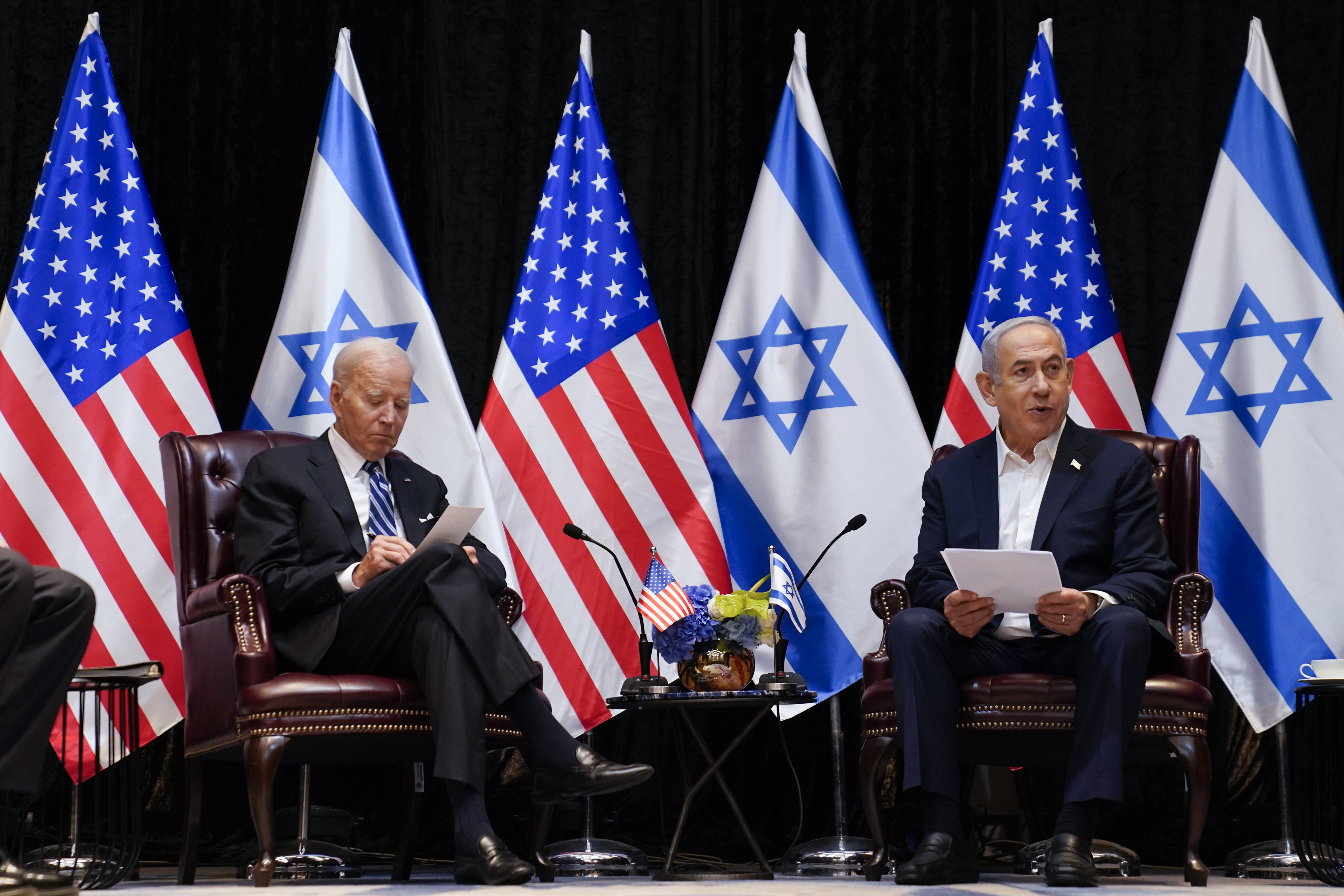 President Joe Biden and Israeli Prime Minister Benjamin Netanyahu participate in an expanded bilateral meeting with Israeli and US government officials. Photo / AP
