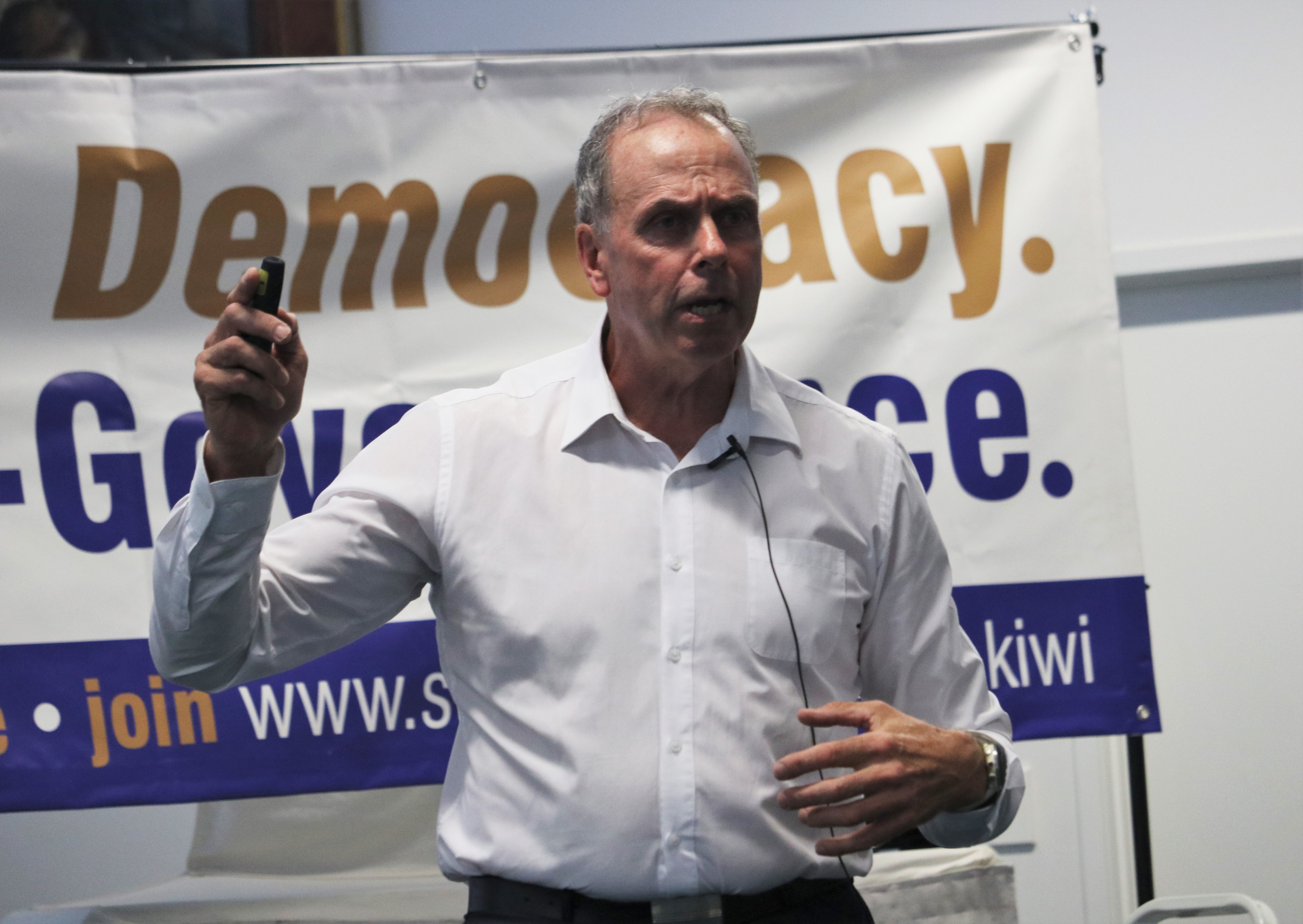 Julian Batchelor speaks during a Stop Co-Governance meeting in Kerikeri in 2023.
