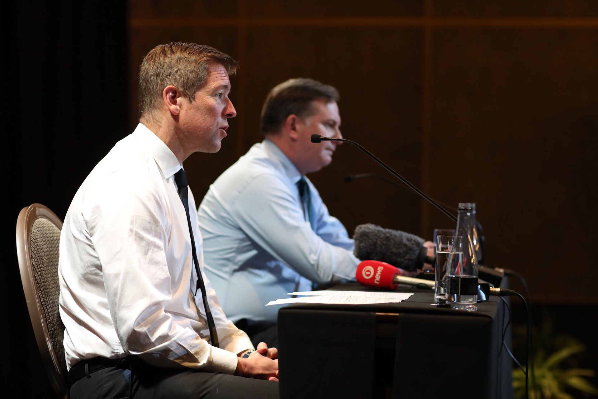 Dilworth College Headmaster Dan Reddiex (left) and Chairman of the Dilworth Trust Board Aaron Snodgrass addressed the media after the charges were announced by police. Photo / Greg Bowker