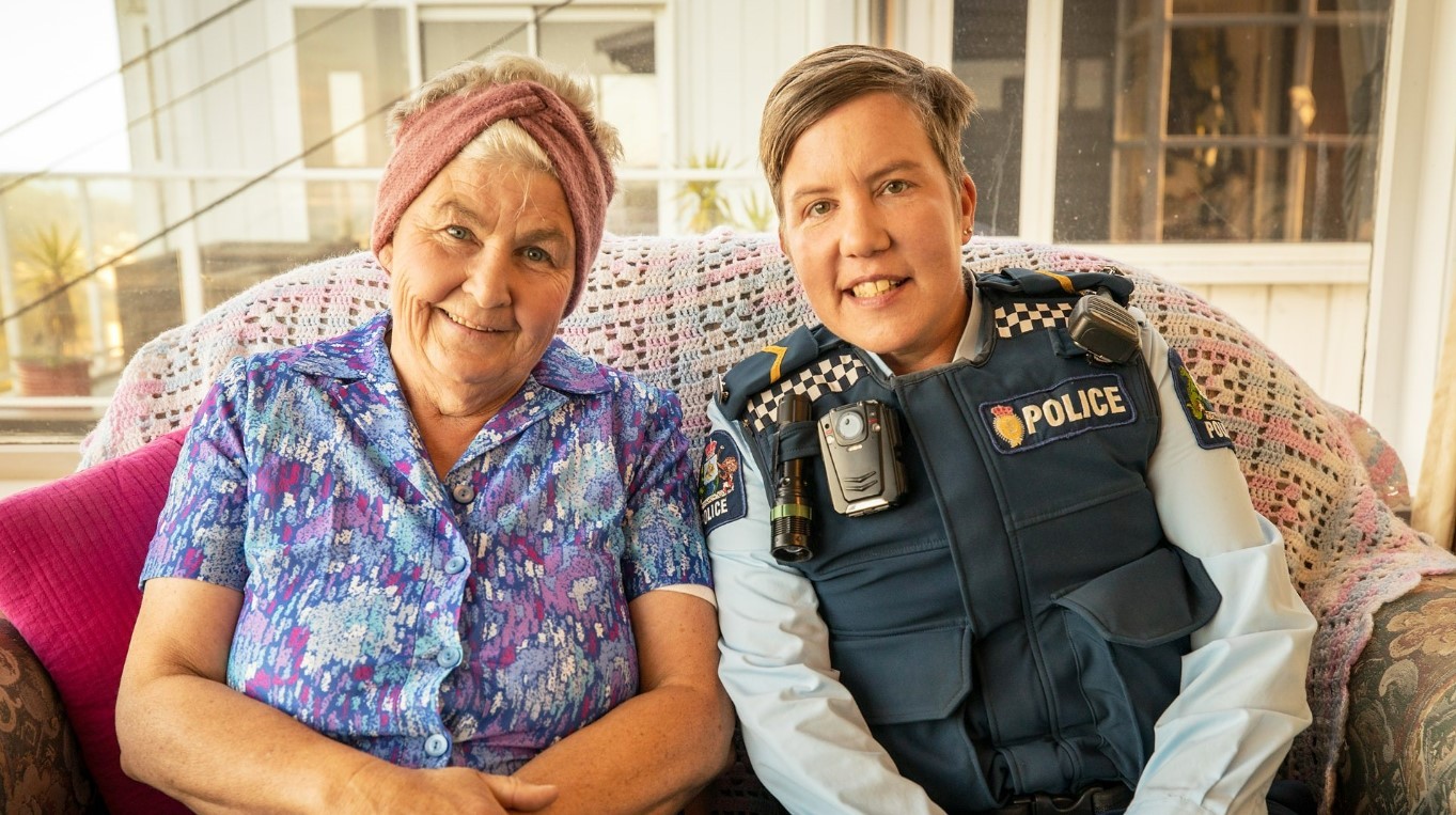 Lynda Topp playing Karen O'Leary's onscreen mum in Wellington Paranormal. Photo / Supplied