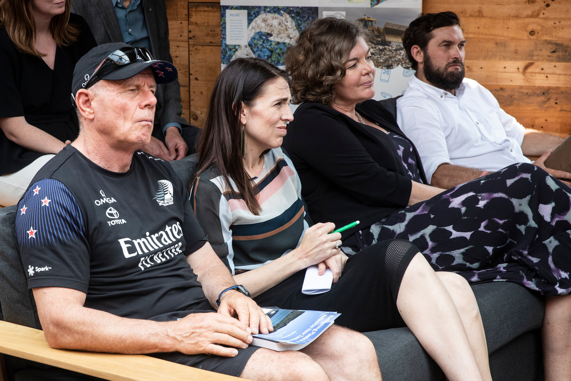 Juliet Gerrard, pictured at an Auckland function on December 8, 2019 - one day before the Whakaari / White Island disaster - with sailor Grant Dalton, Jacinda Ardern and Sustainable Coastlines co-founder Camden Howitt. Photo / Jason Oxenham