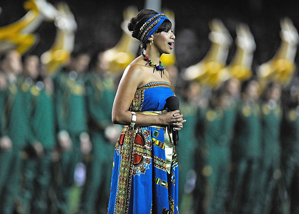 Megan Alatini sings the South African anthem prior to the Tri Nations Test between the All Blacks and Springboks at Waikato Stadium. Photo / Getty Images