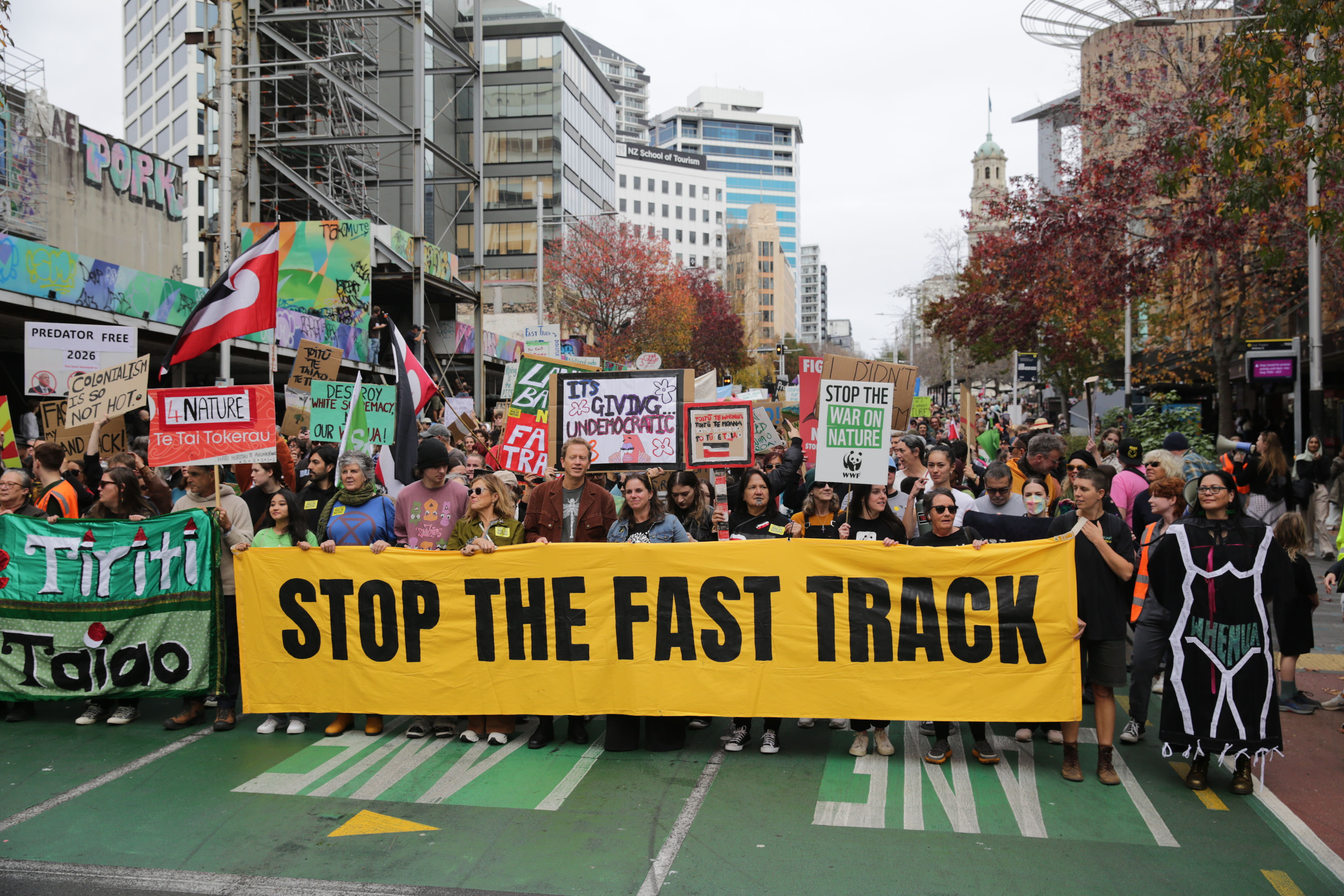 The March for Nature protest stretched more than 500m down Queen St and well over 10,000 turned out to protest the Fast-track Approvals Bill on Saturday, June 8. Photo / Sylvie Whinray