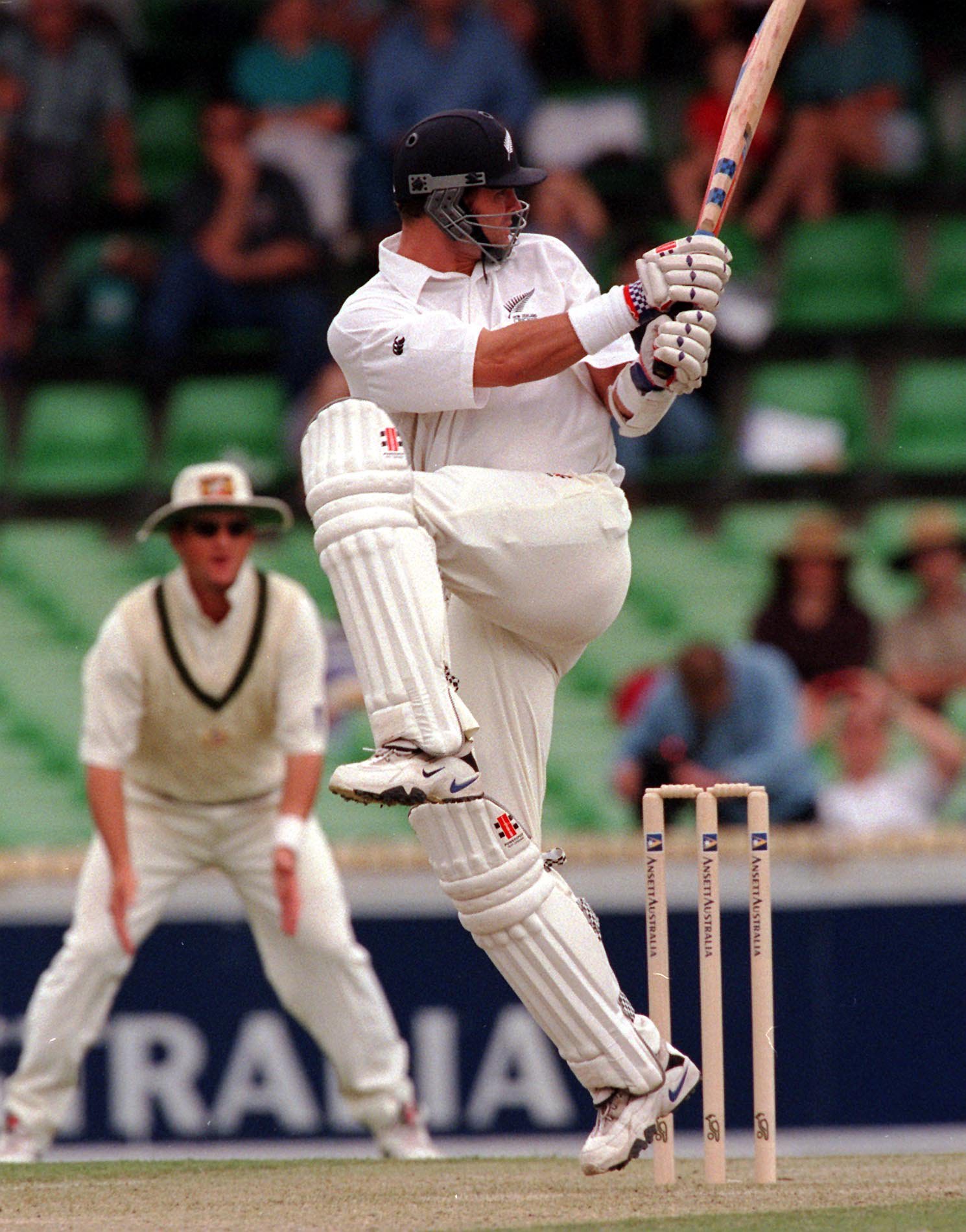 Chris Cairns in action during a test match between Australia and New Zealand in Perth on January 1, 1998. Photo / Allsport