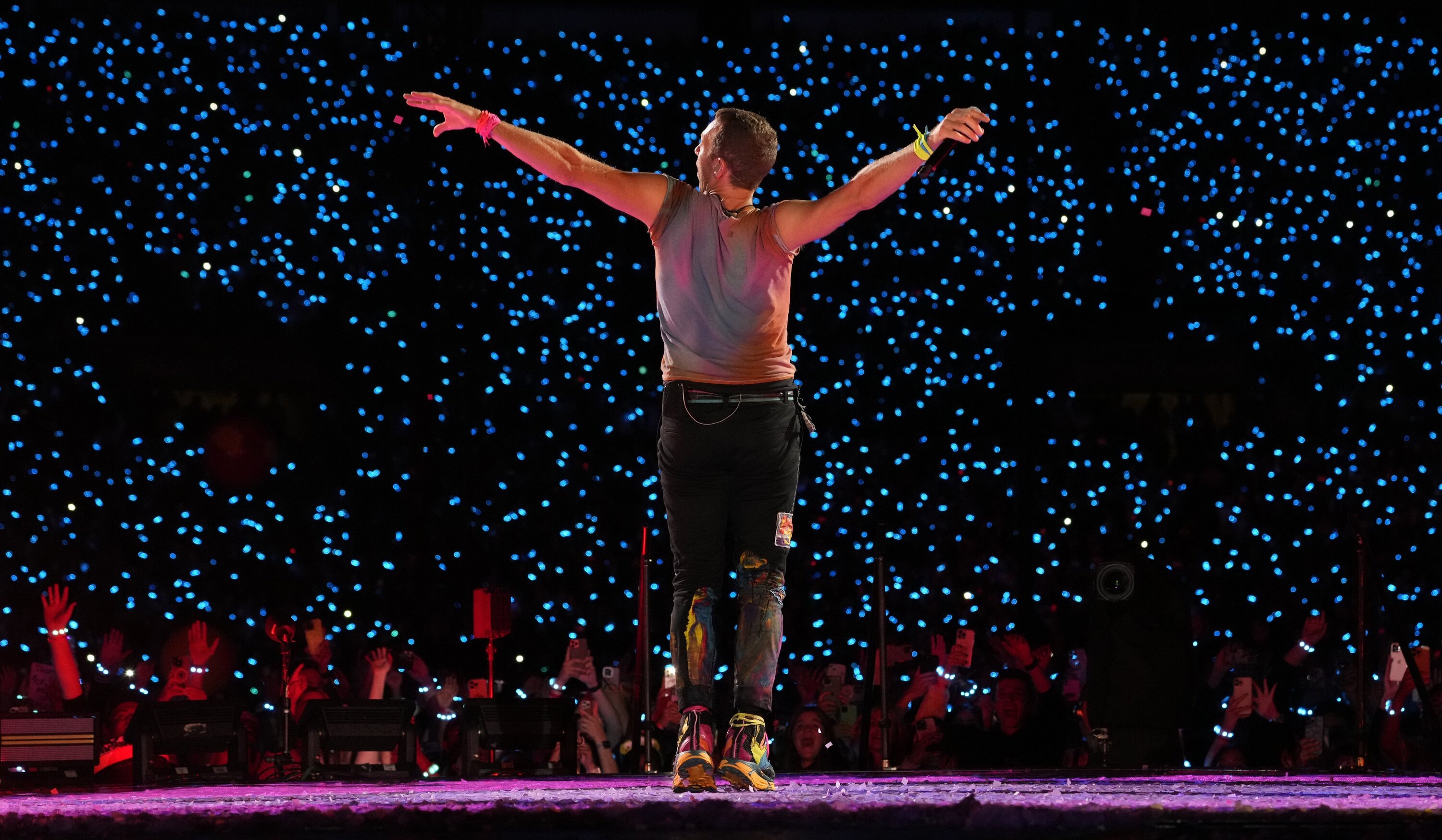Chris Martin, of Coldplay, performs at the Rose Bowl in Pasadena, California, in September 2023. Photo / AP