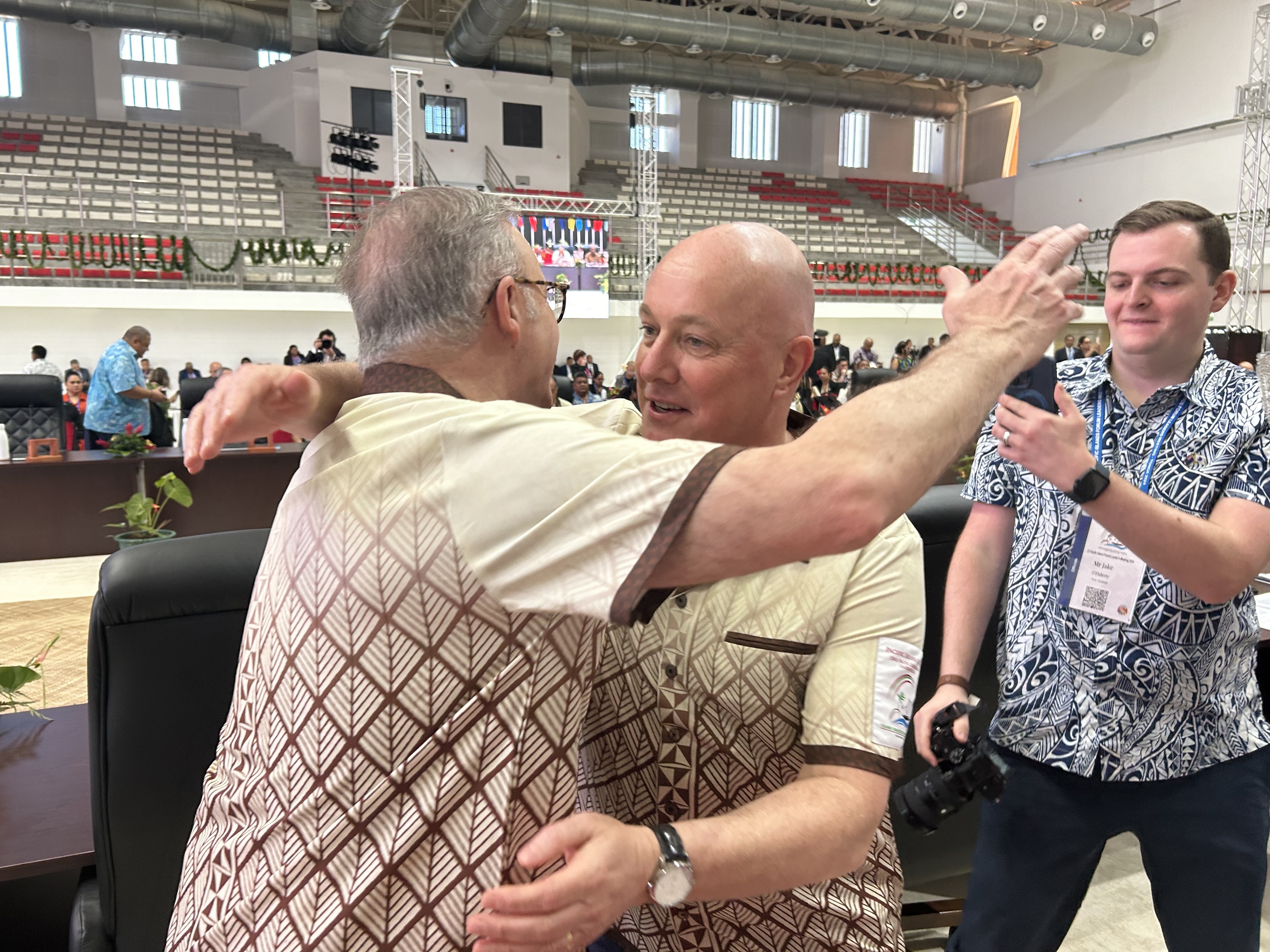 Prime Ministers Anthony Albanese and Christopher Luxon go in for a hug at the Pacific Islands Forum in Tonga. Photo / Adam Pearse