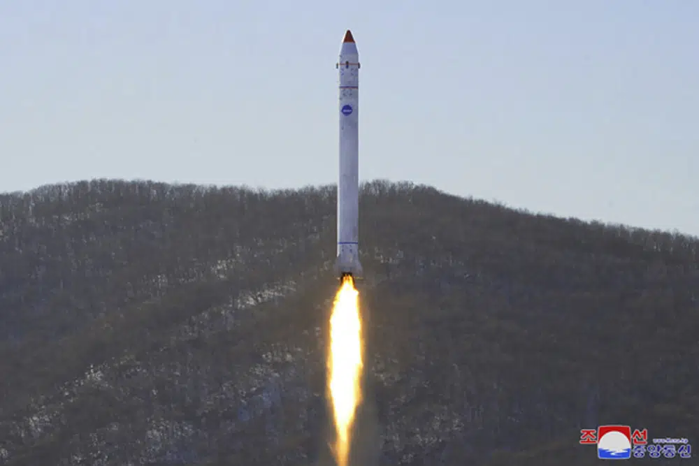 This photo shows what the North Korean government says is a test of a rocket with the test satellite at the Sohae Satellite Launching Ground. Photo / Korean Central News Agency