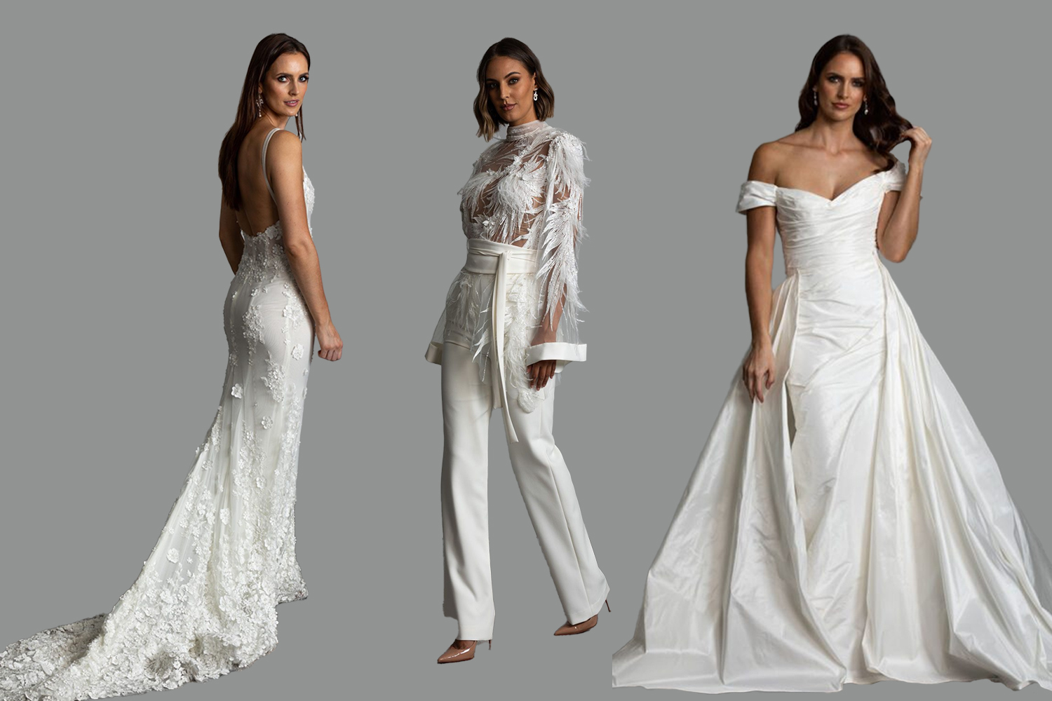 Vinka bridal designs from left to right: the E'more gown, the Miu bodice and the Marcella gown.