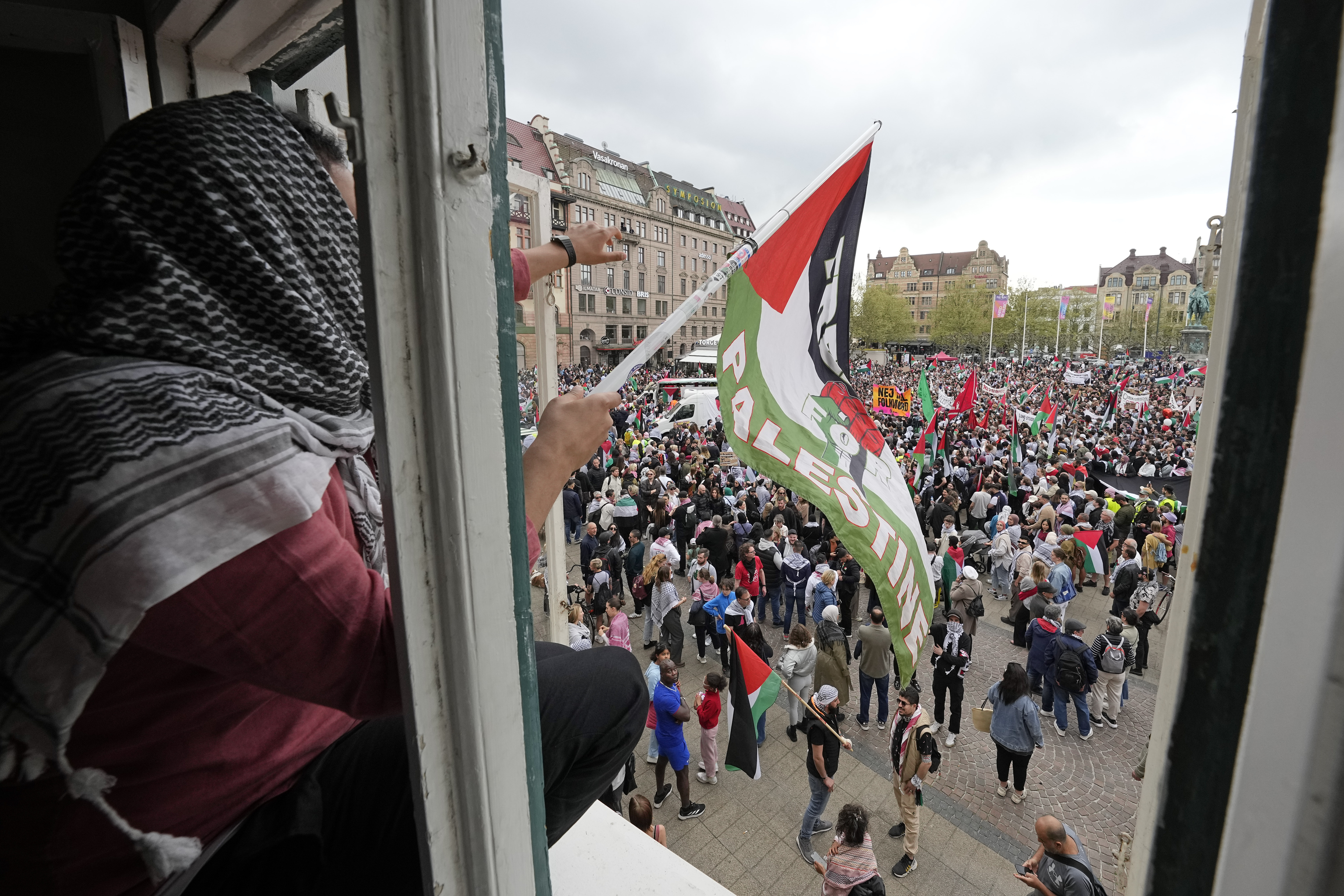 Pro-Palestinian demonstrators gather for a protest against the participation of Israeli contestant Eden Golan ahead of the final of the Eurovision Song Contest in Malmo, Sweden. Photo / AP
