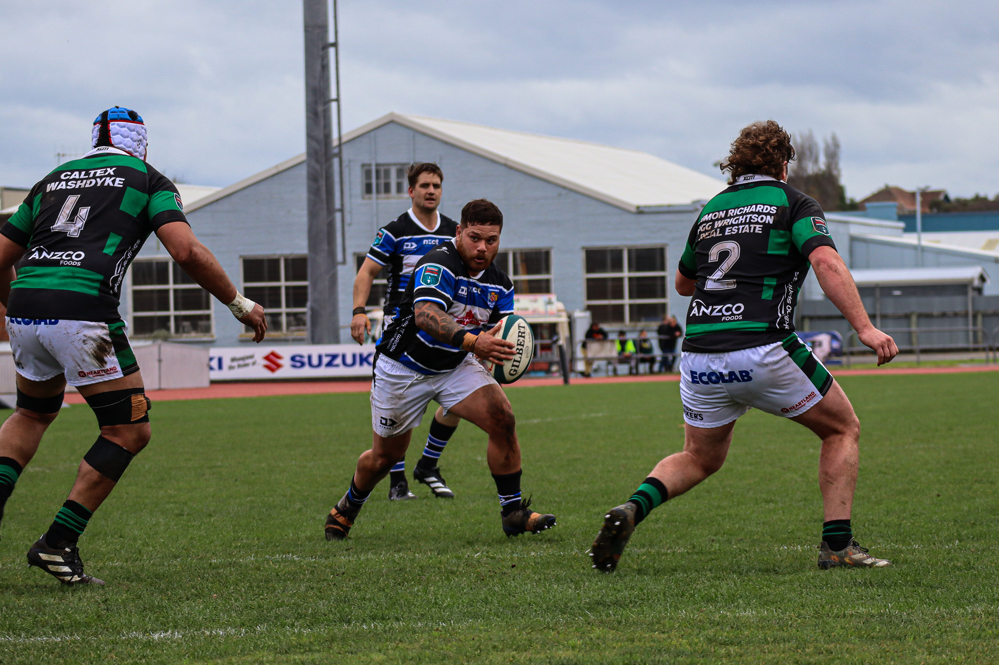 Alesana Tofa with ball in hand for Steelform Whanganui against South Canterbury at Cooks Gardens. South Canterbury won 37-36 to keep their streak alive. Photo / Kate Belsham
