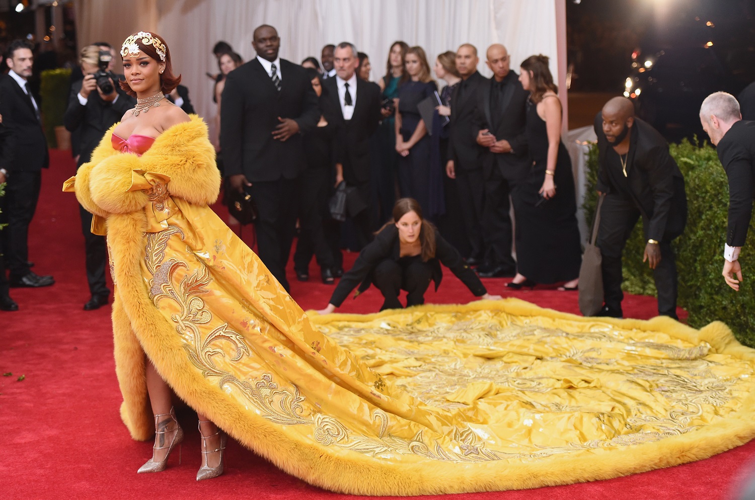 Rihanna wearing the Yellow Queen Gown by Guo Pei at the 2015 Met Gala opening for China: Through The Looking Glass. Photo / Getty Images