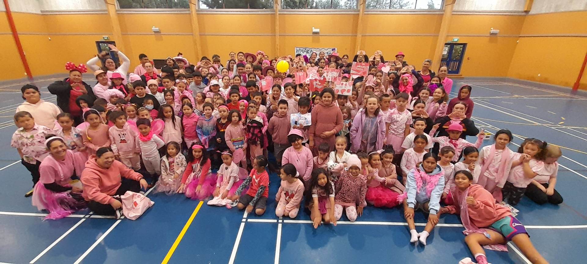 Te Kura Kaupapa Māori o Te Koutu went all out with pink outfits Pink Shirt Day. Photo / Shauni James