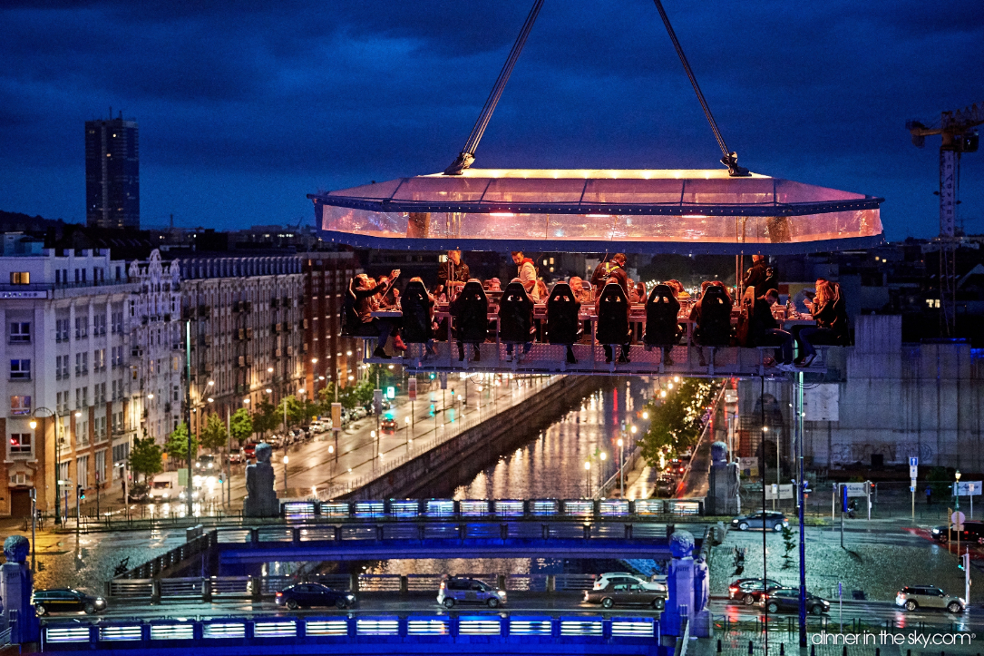 Dinner in the Sky in Brussels. This dining experience has operated in over 80 countries and suspends diners 100+ feet in the air. Photo / Dinner in The Sky