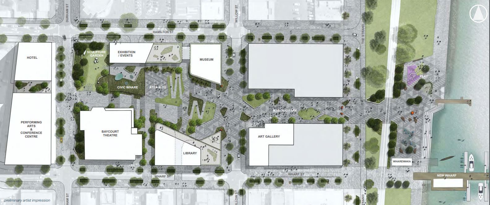 Plans of where facilities will go as part of the $303.4m civic precinct plans. Image / Supplied