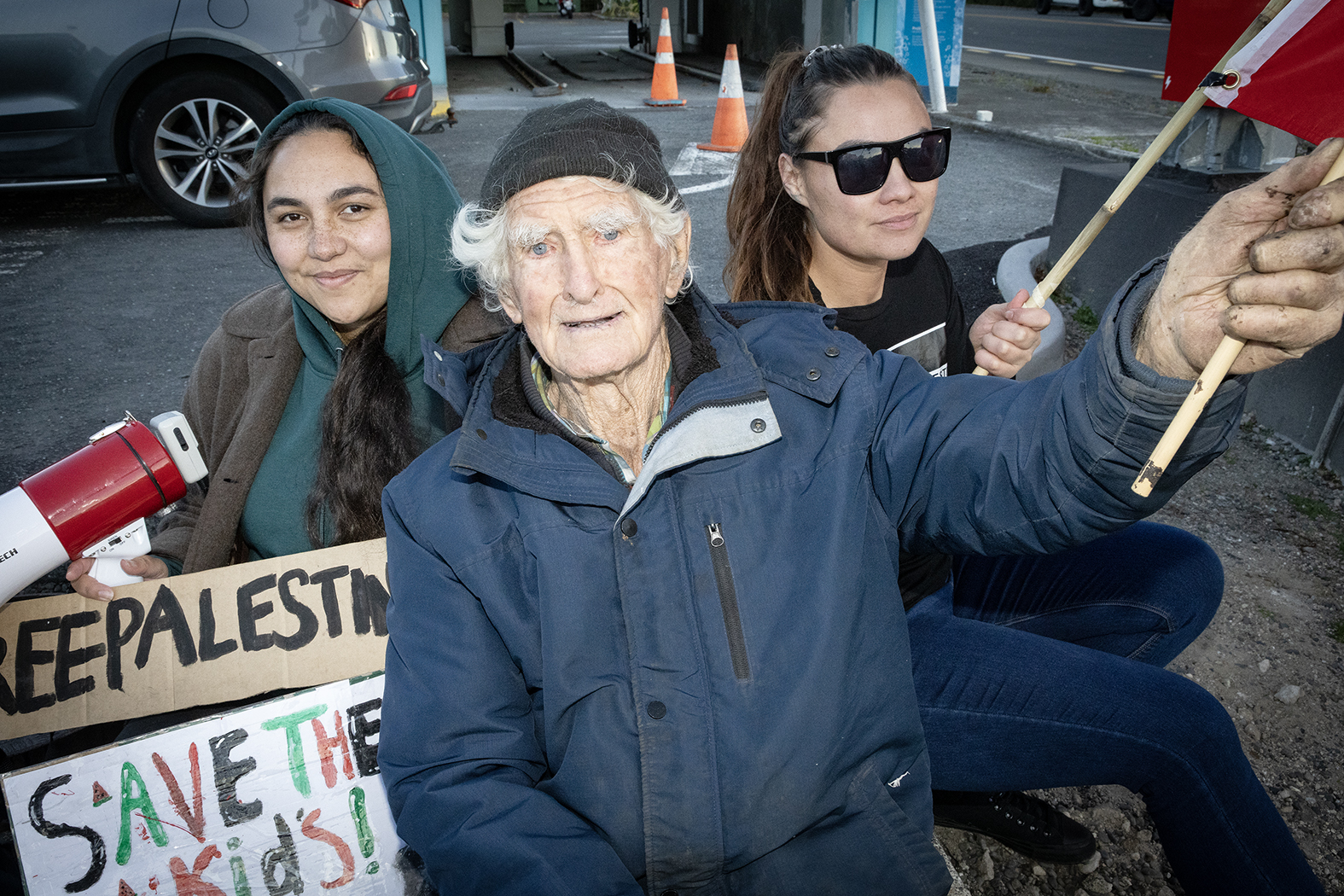 Long-time protester Bernie Hornfeck with Hinemaea Ngatai-Smith (left) and Cassey Thompson. Photo / Andrew Warner