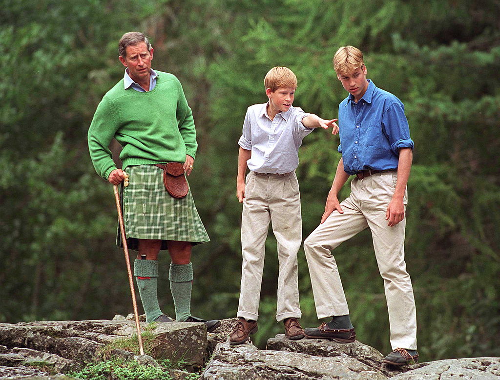 Prince Charles with Prince William and Prince Harry visiting Glen Muick on the Balmoral Castle estate. Photo / Getty Images