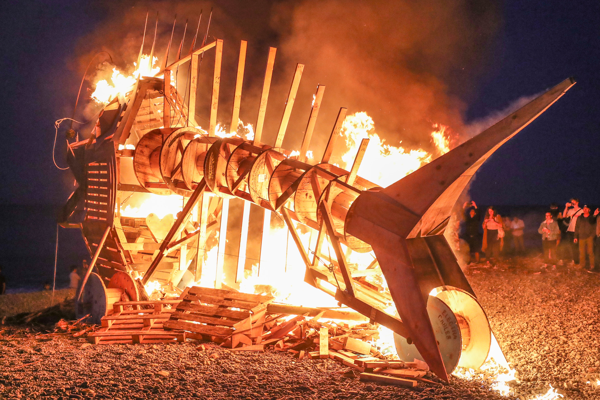 The large fish sculpture built by Simon Hinton burns on the beach Te Awanga. Photo / Warren Buckland