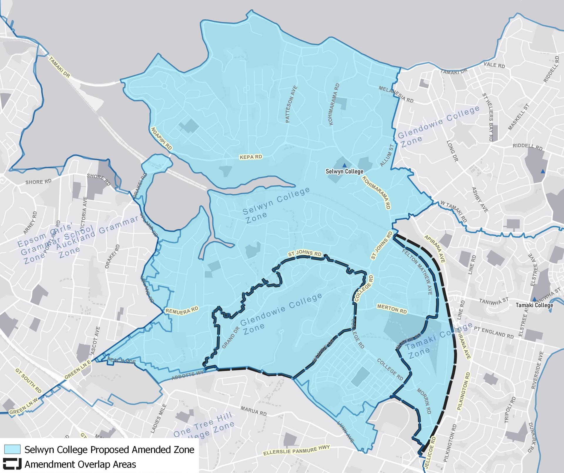 The new proposed zone for Selwyn College overlaps with Glendowie and Tāmaki College's zones. Image / Supplied