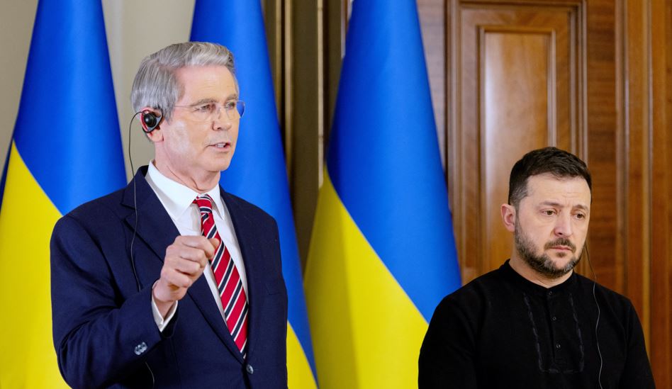 Volodymyr Zelenskyy shakes hands with Scott Bessent, the US Treasury secretary, in Kyiv on Wednesday. Photo / AFP