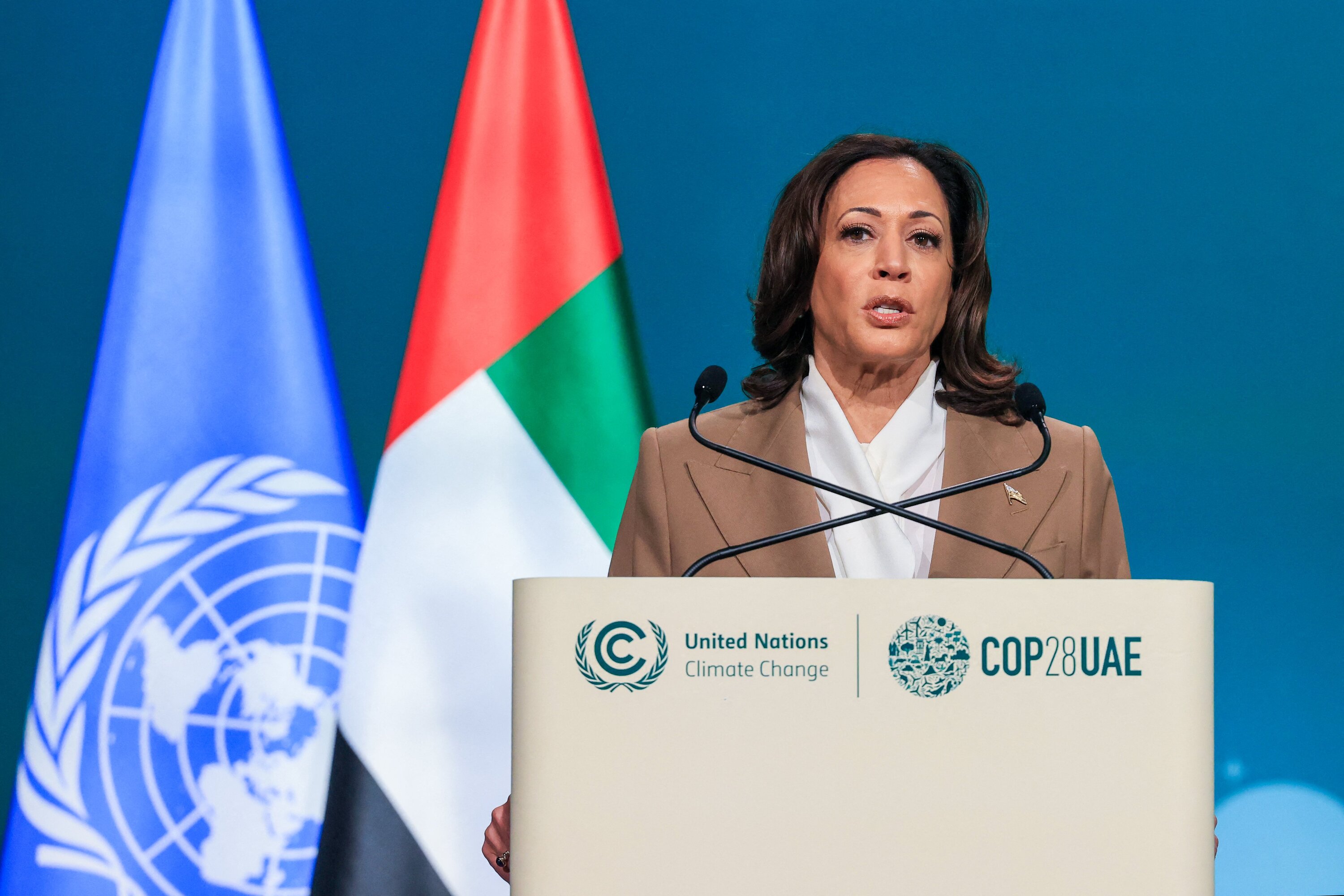 US Vice President Kamala Harris speaking at COP28, the 2023 UN climate conference in Dubai: 