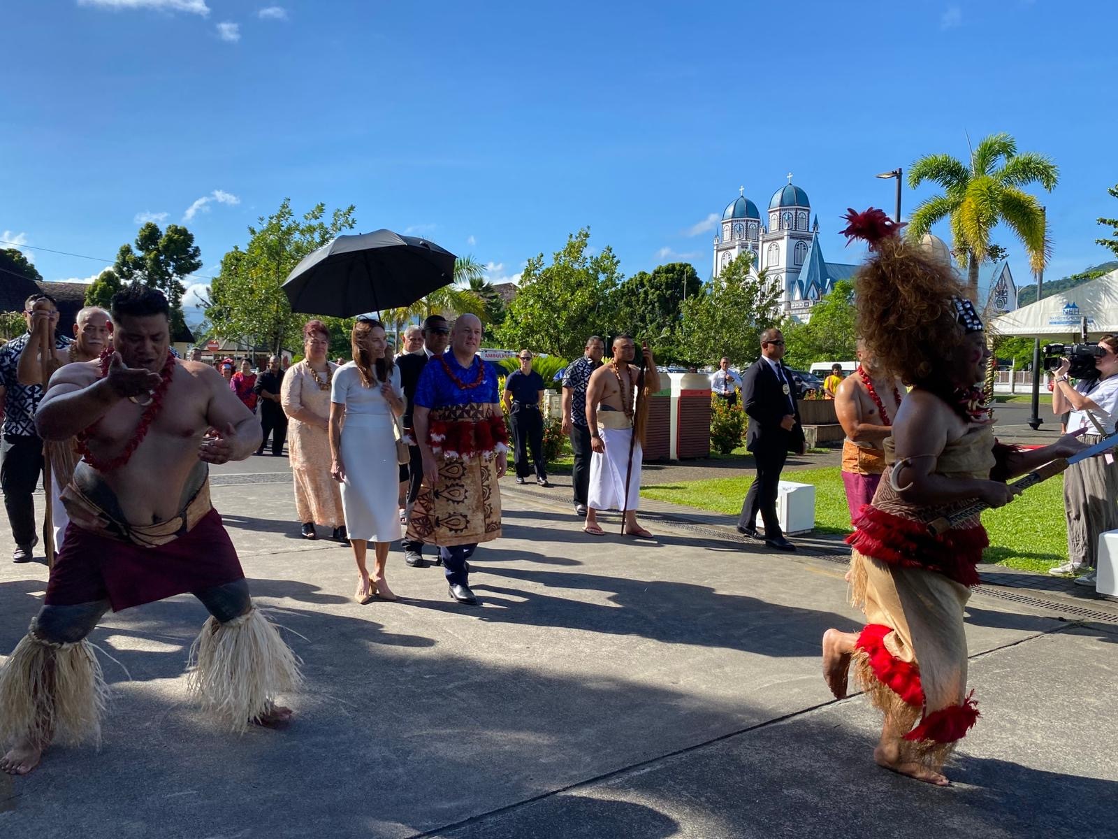 Christopher Luxon, with wife Amanda, in traditional Samoan attire ahead of matai title bestowal and a traditional ava ceremony. Photo / Julia Gabel