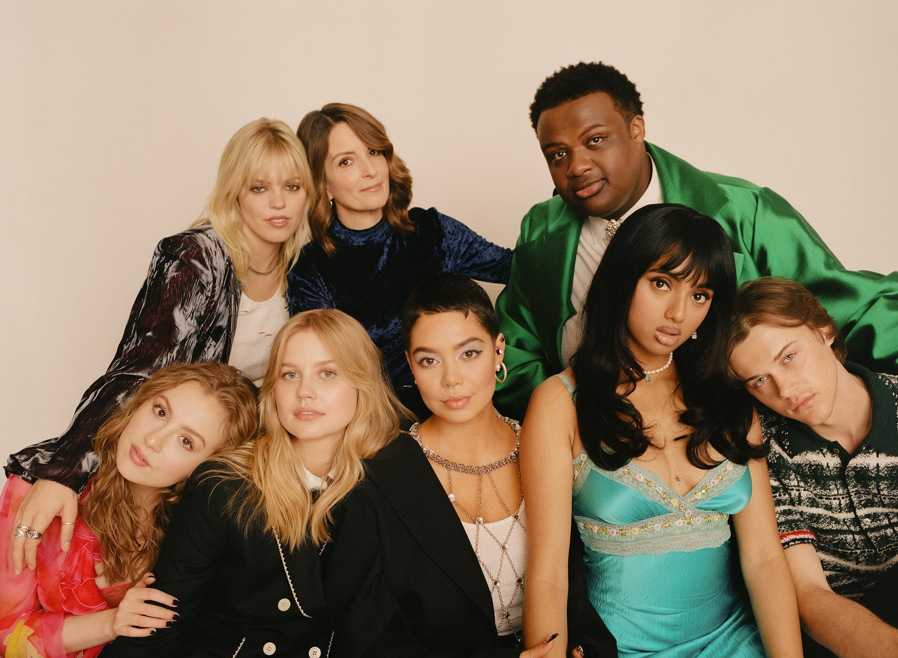 Tina Fey (centre) with the cast of the new Mean Girls film musical. From left: Bebe Wood, Reneé Rapp (top left), Angourie Rice, Fey, Auli'i Cravalho, Jaquel Spivey (top right), Avantika and Christopher Briney. Photo / Amy Harrity, The New York Times