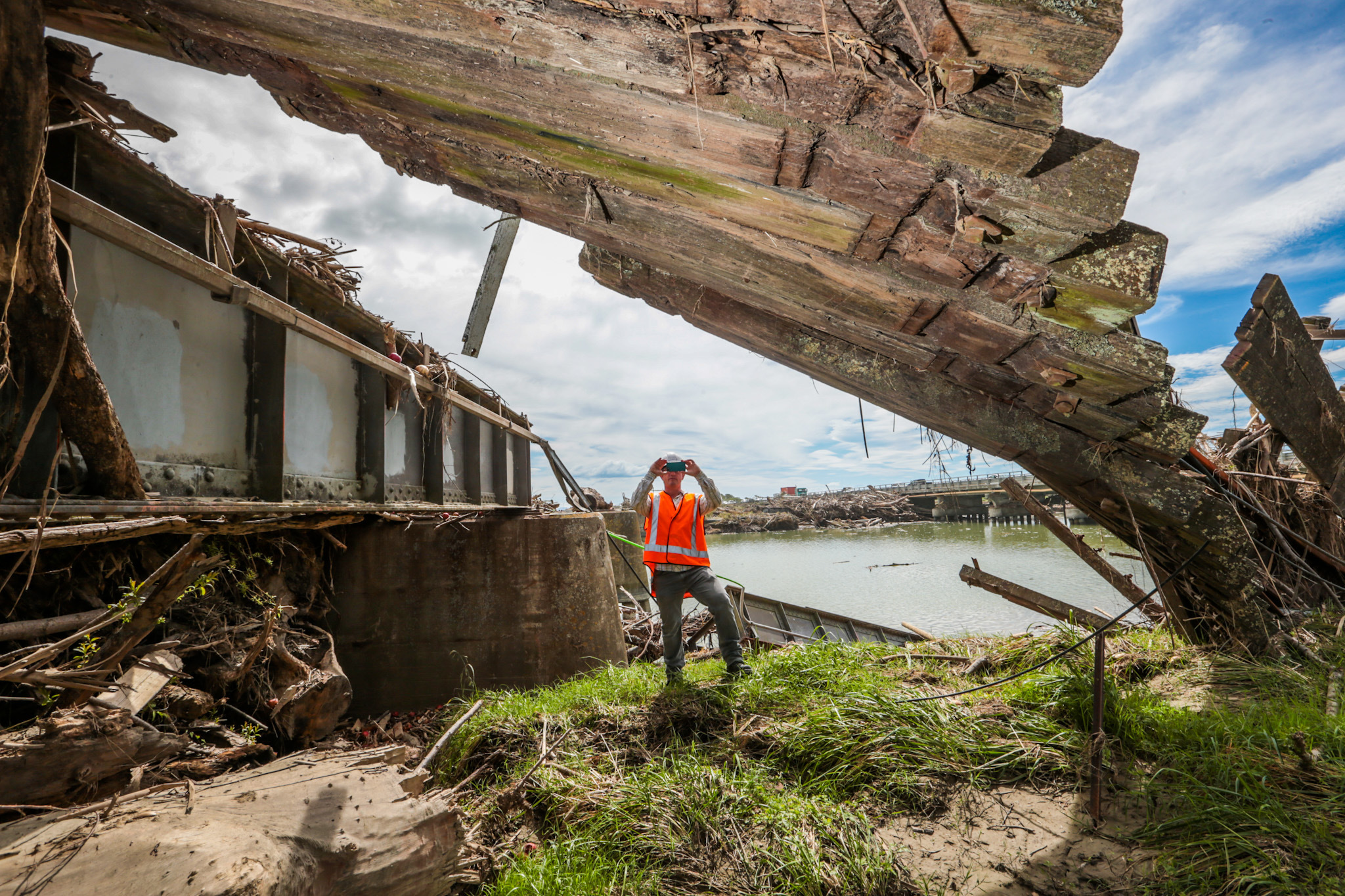 The destroyed Waitangi Washout Bridge near Awatoto, south of Napier. Photo / Paul Taylor