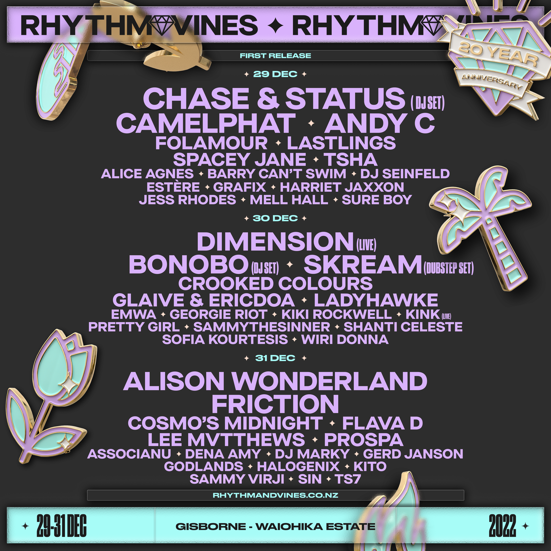 The first line-up release for Rhythm and Vines 2022. Photo / Supplied