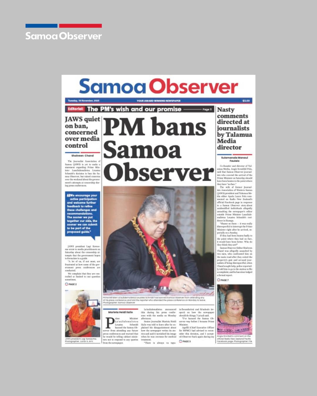 The Samoa Observer announces the Prime Minister's ban.