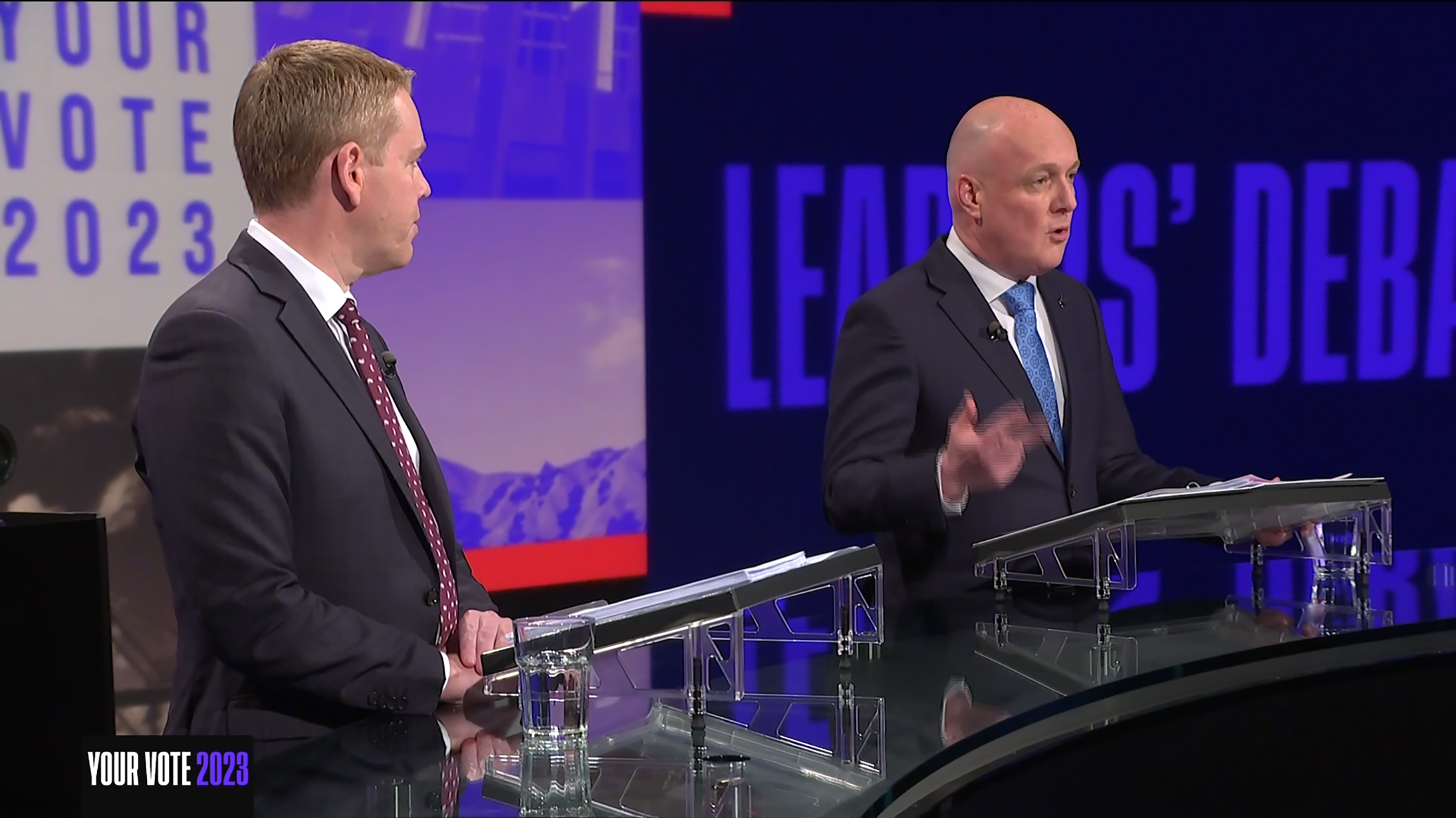 Chris Hipkins and Christopher Luxon in the first Leaders' Debate on TV1 last night. Photo / TVNZ