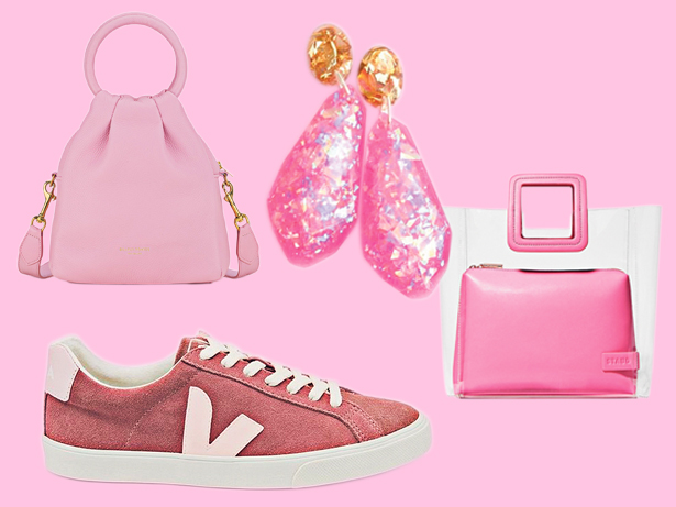 Clockwise from left: Deadly Ponies bag $720; Winie handmade earrings $70; Staud bag, about $321, from Net-a-Porter; Veja sneakers, $180, from Good as Gold.