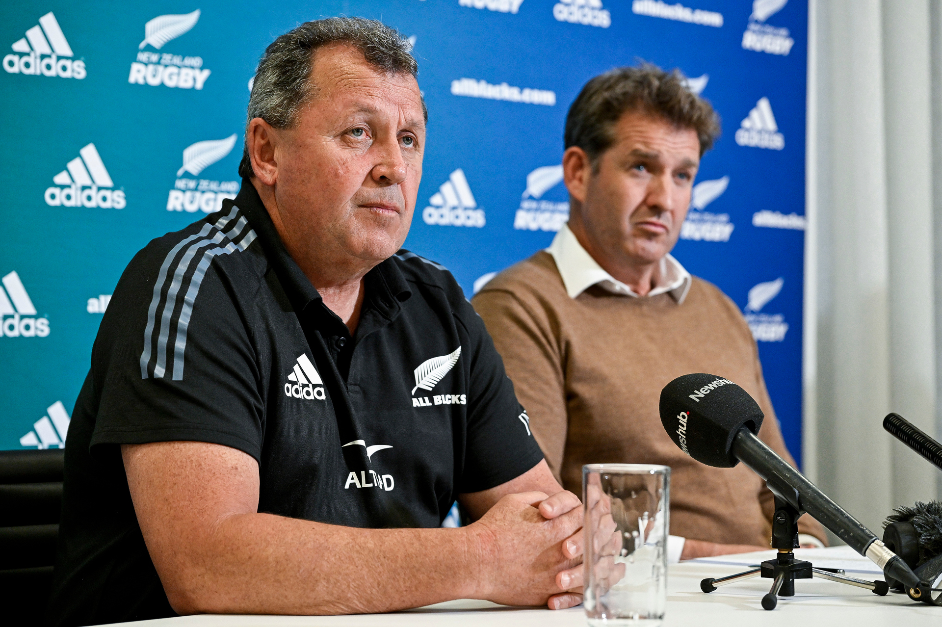 Former All Black coach Ian Foster, left, has opened up on his frustrations with New Zealand Rugby, including its outgoing chief executive Mark Robinson, right. Photo / Photosport