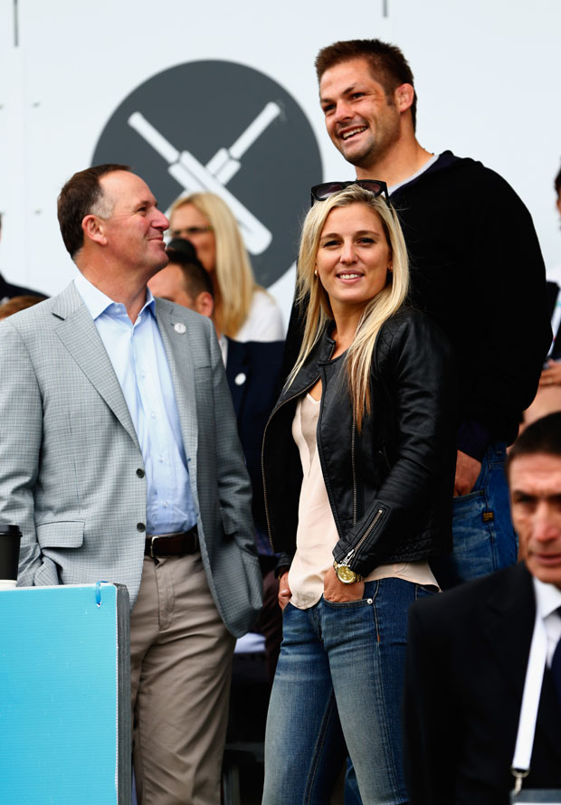 Key shares a moment with McCaw and McCaw's partner, Gemma Flynn at the Cricket World Cup. Photo / Getty Images