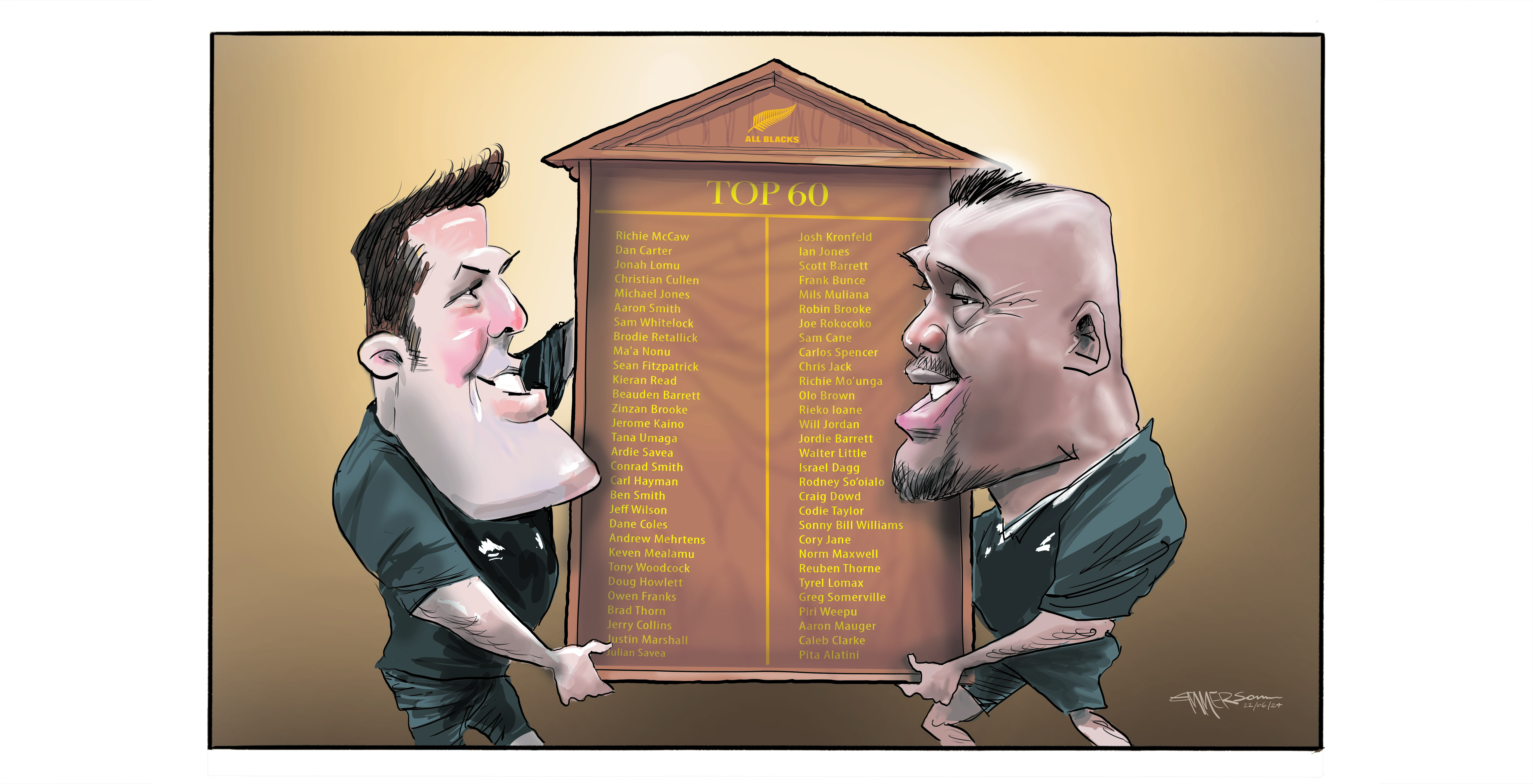 The All Blacks top 60 with Richie McCaw and Jonah Lomu. Illustration / Rod Emmerson