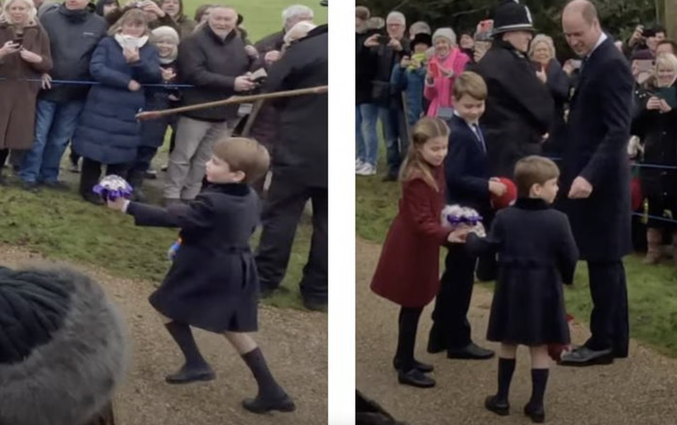 The moment Prince Louis won over the crowd when he dashed toward sister Charlotte with a bouquet of flowers. Photo / YouTube