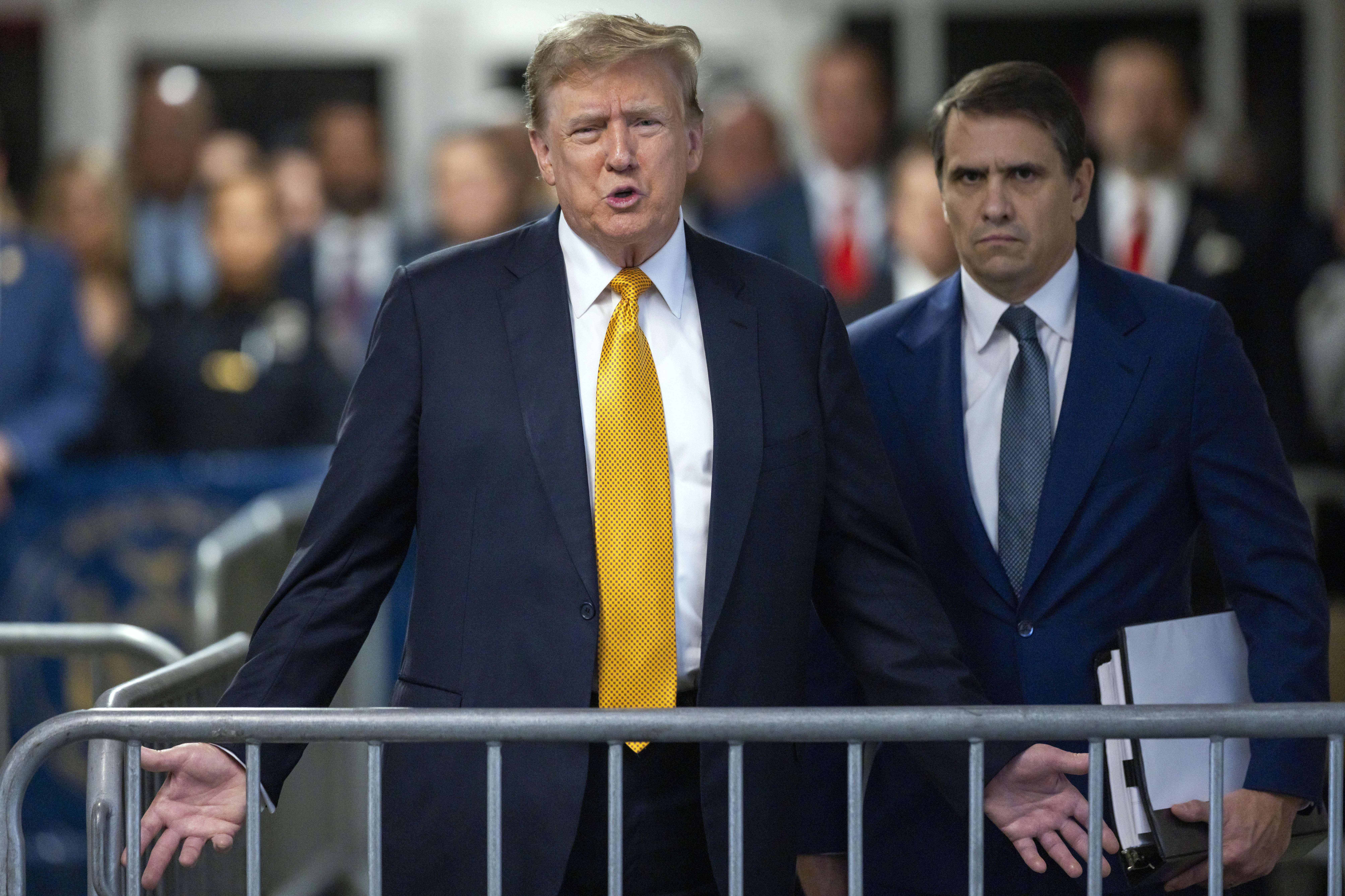 Former President Donald Trump speaks alongside his lawyer Todd Blanche outside the courtroom in Manhattan Criminal Court in New York. Photo / pool via AP
