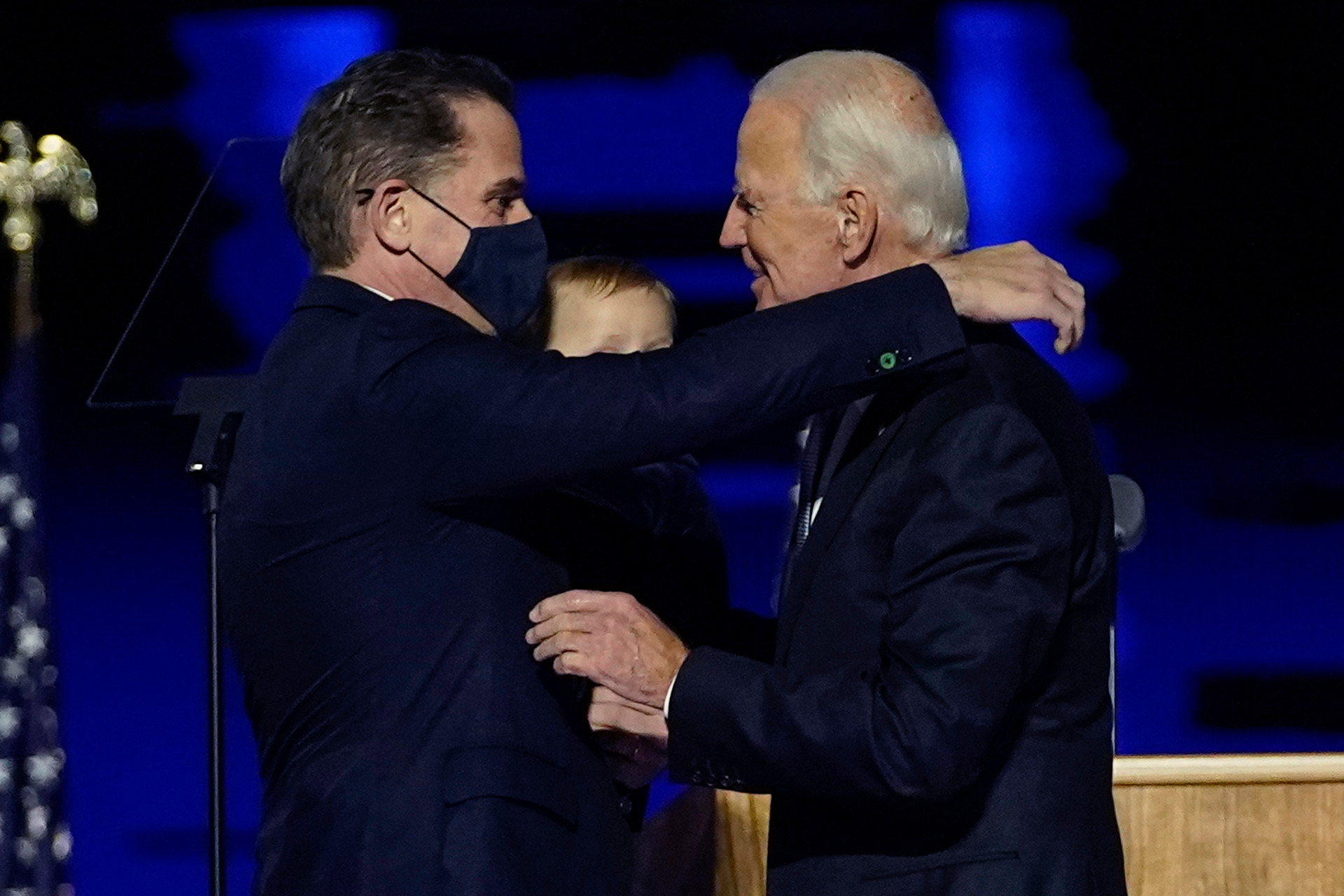 In this Nov. 7, 2020, file photo, President-elect Joe Biden, right, embraces his son Hunter Biden. Photo / AP