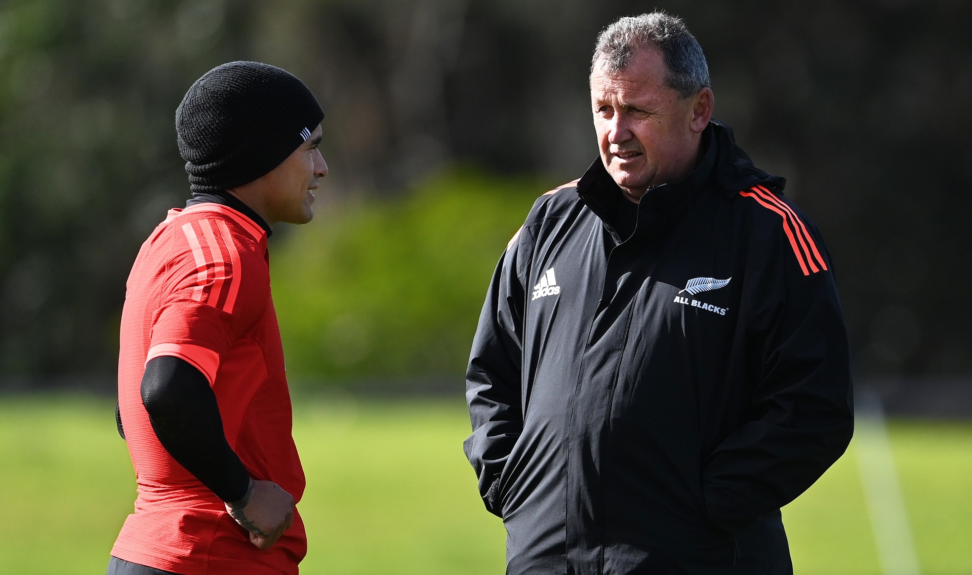 Aaron Smith and coach Ian Foster during an All Blacks training session. Photo / Photosport