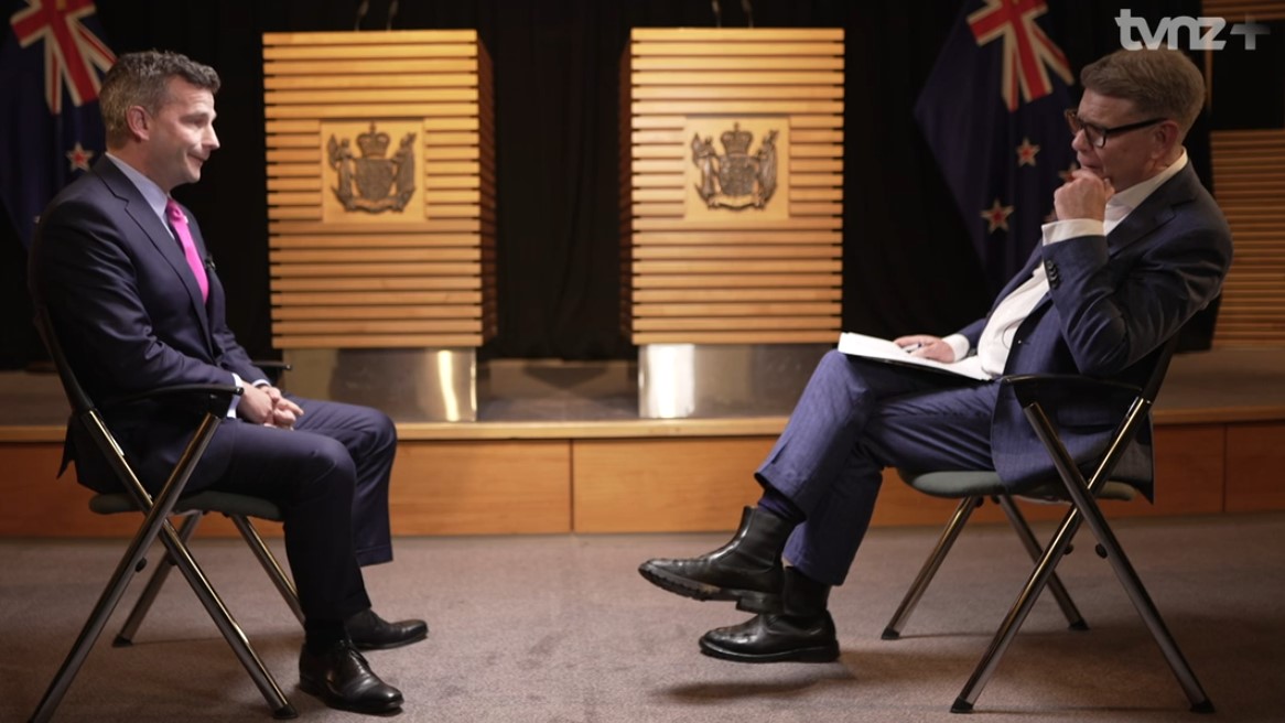 John Campbell and David Seymour during their Beehive Theatrette interview. Photo / TVNZ screenshot