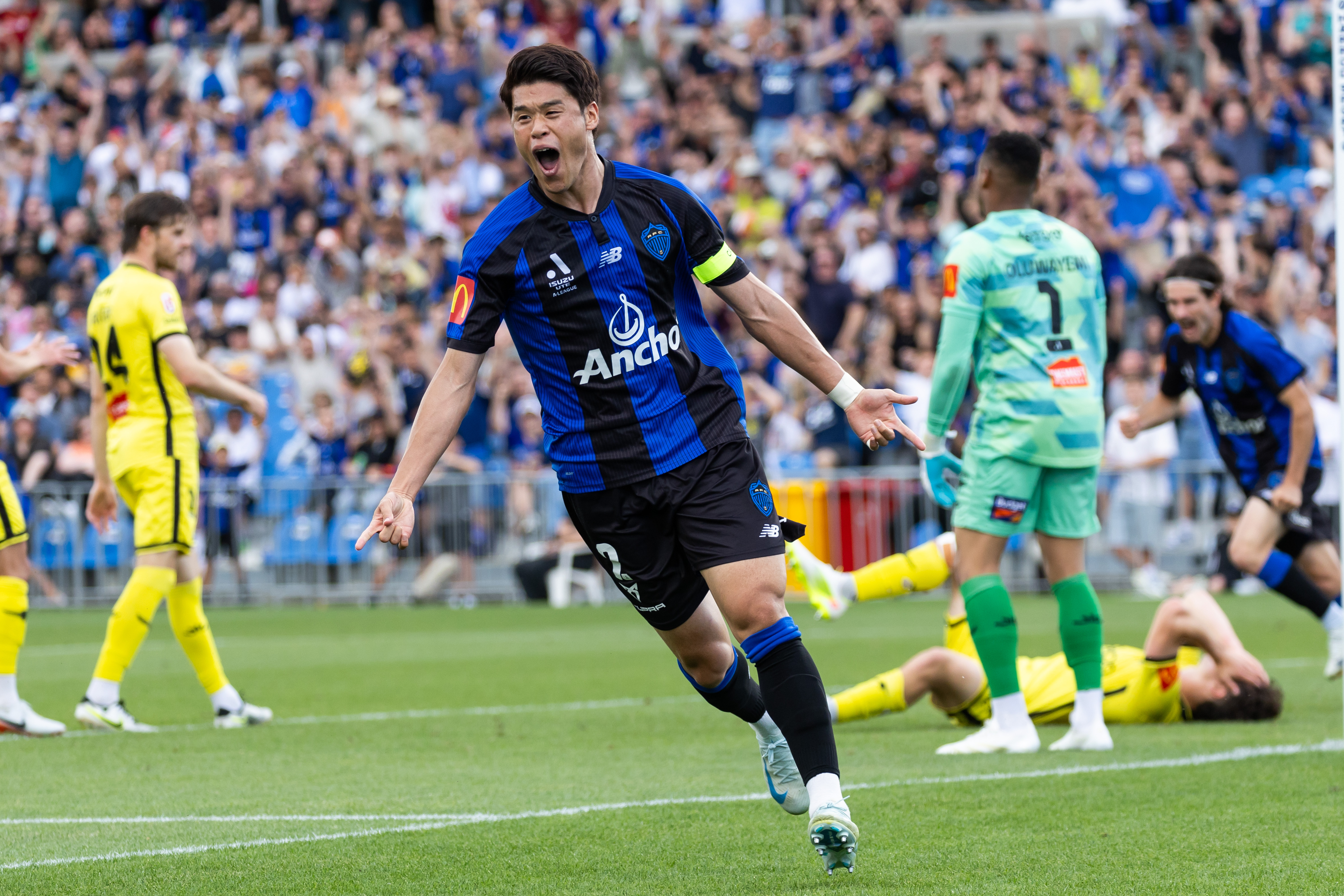 Hiroki Sakai celebrates an Auckland FC goal against Wellington Phoenix. Photo / Photosport