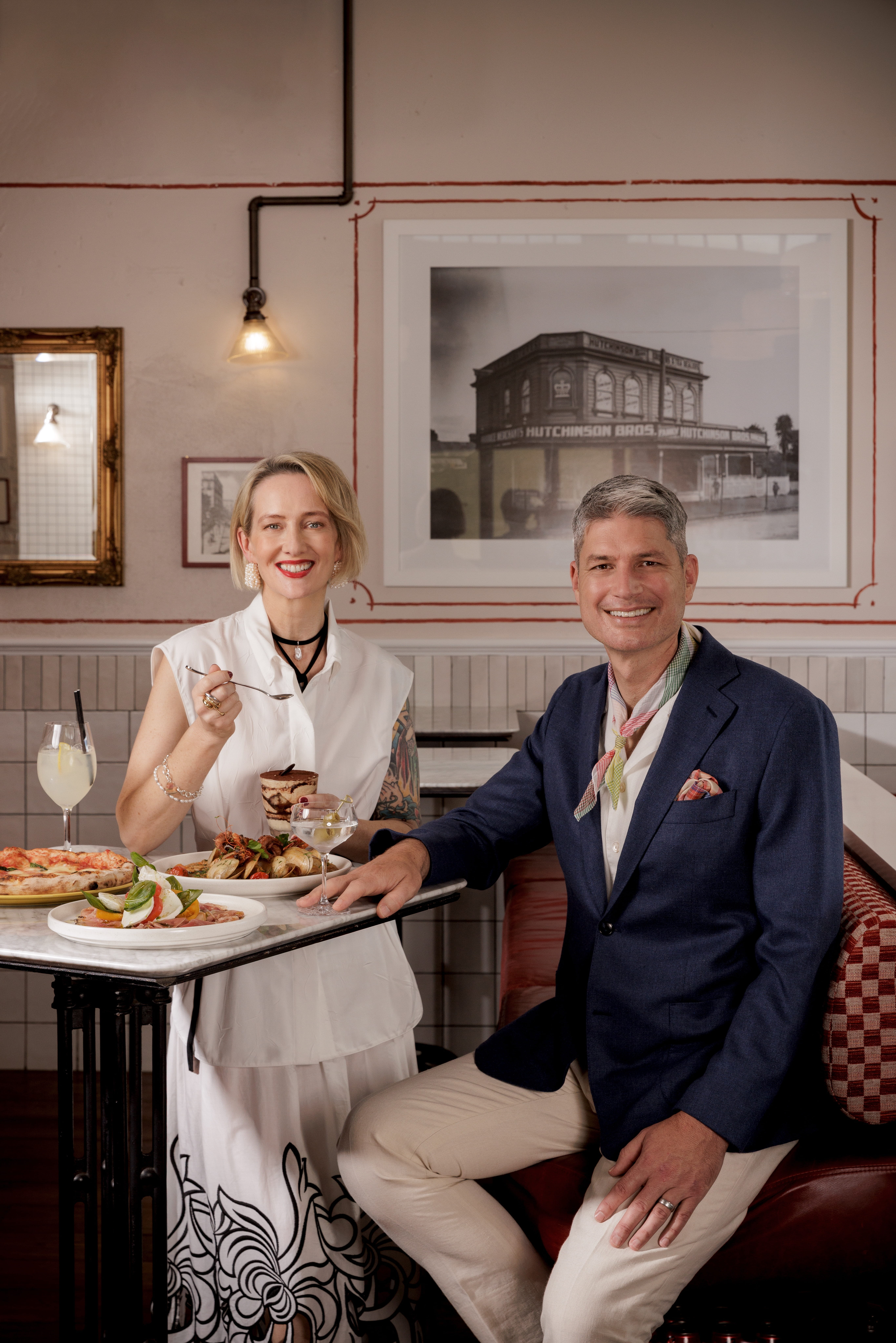 Kelly Gibney and Jesse Mulligan, judges for Viva's Top 50 Restaurants 2025, pictured at Farina Italian restaurant in Ponsonby. Photo / Babiche Martens