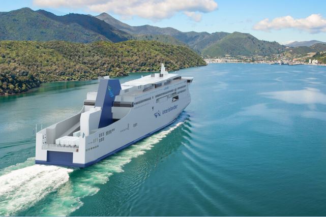 An artist's impression of the rear view of one of Interislander's new mega ferries. Image / iReX Project