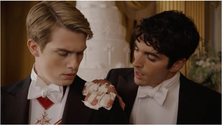 Nicholas Galitzine as Prince Henry and Taylor Zakhar Perez as Alex Claremont-Diaz in Prime Video's Red, White & Royal Blue. Photo / Amazon Prime