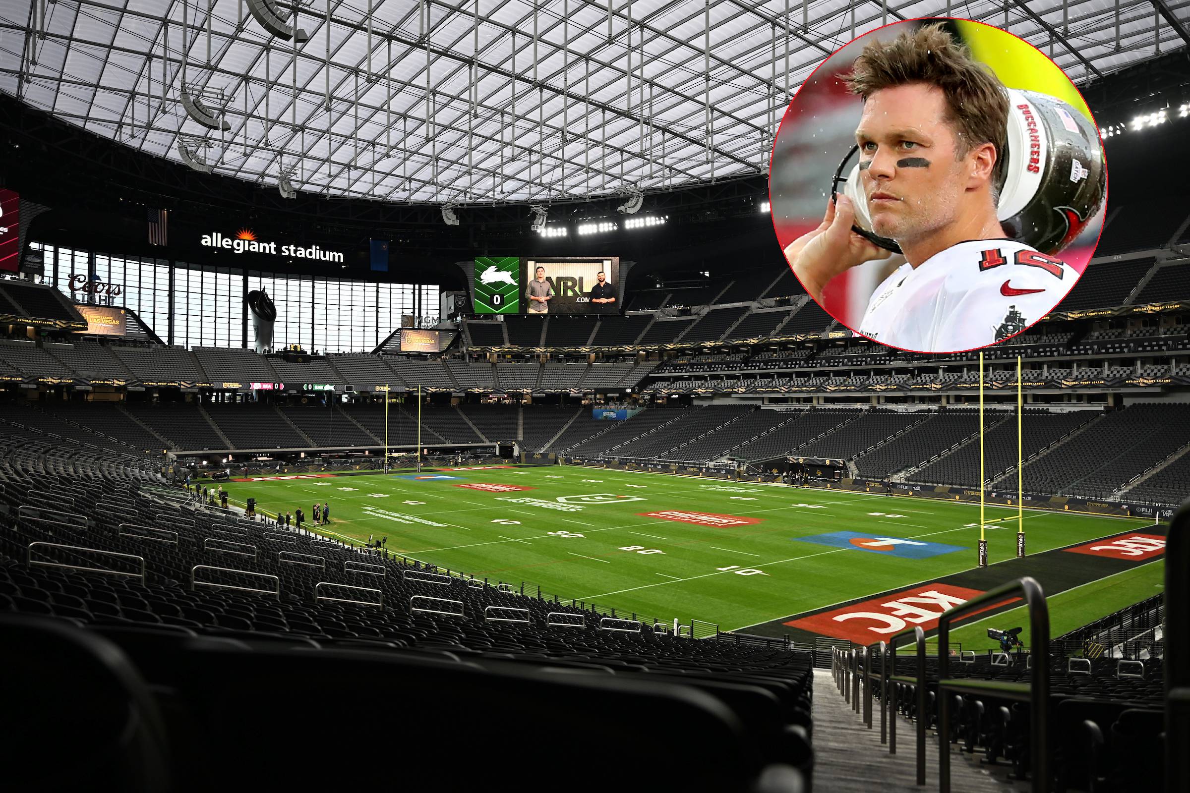 Seven-time Super Bowl champion Tom Brady (inset) and Allegiant Stadium which will host the NRL opener in Las Vegas. Photos / Photosport