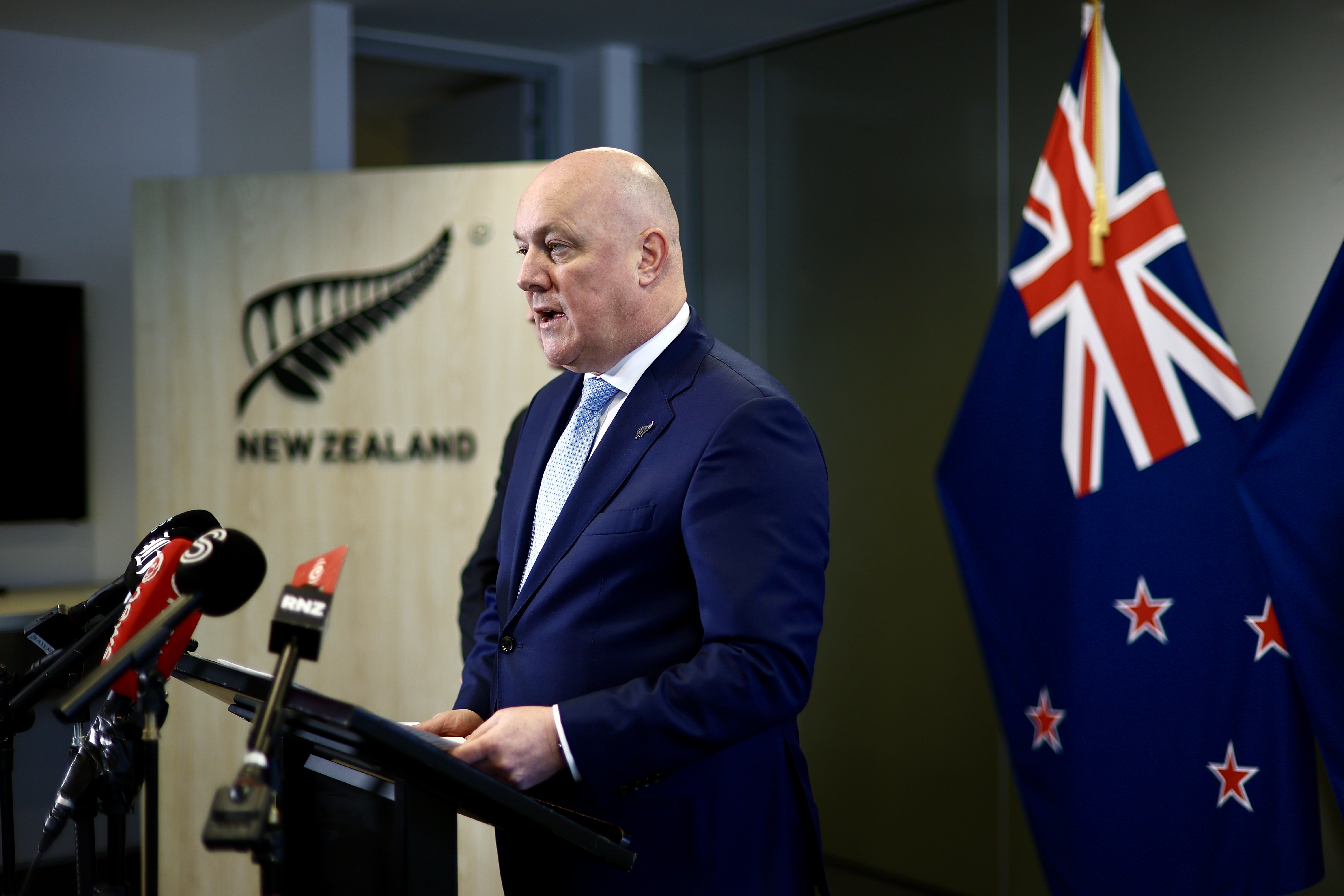 Prime Minister Christopher Luxon spoke to reporters on Monday. Photo / Dean Purcell